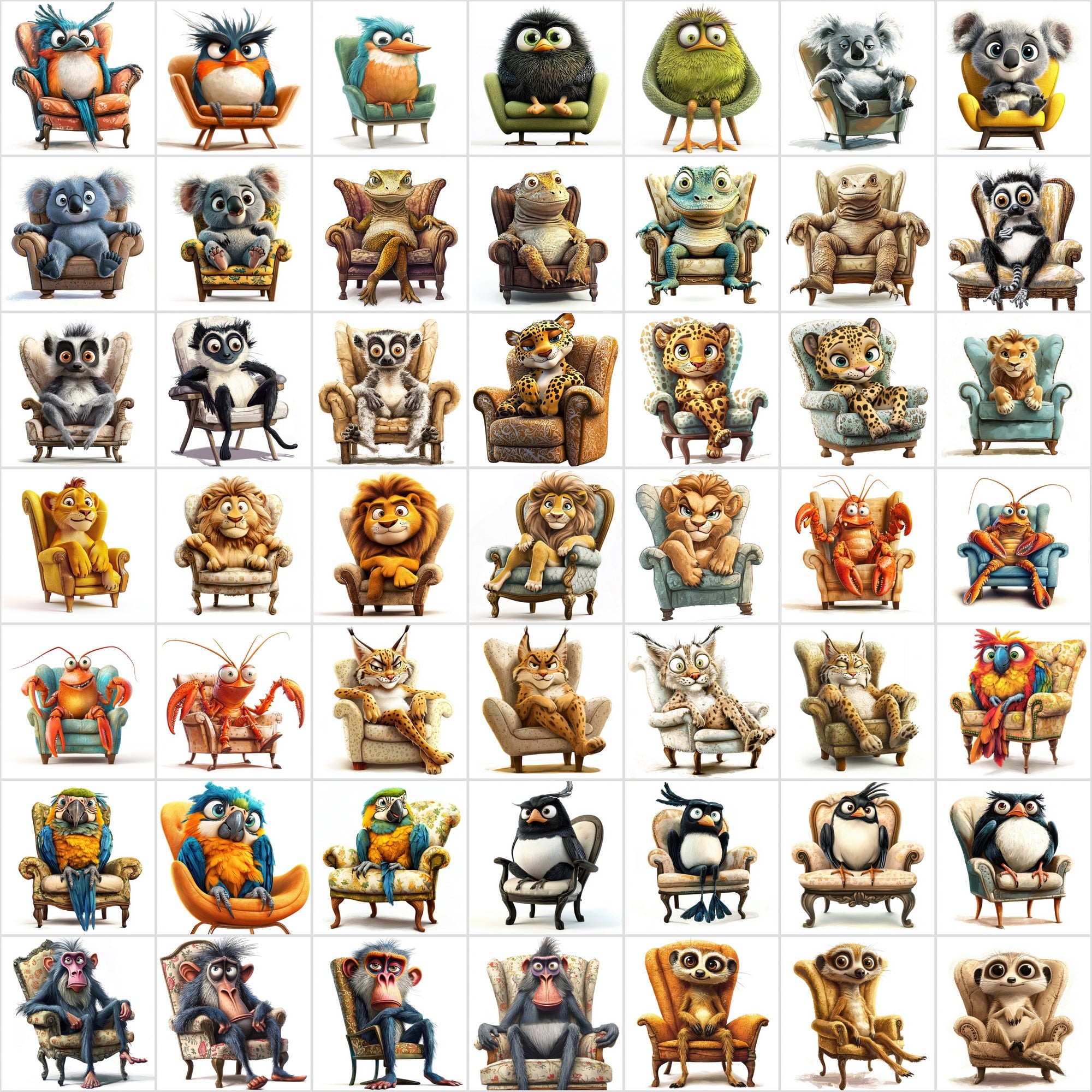 600 Fun Animal Illustrations Sitting on Armchairs