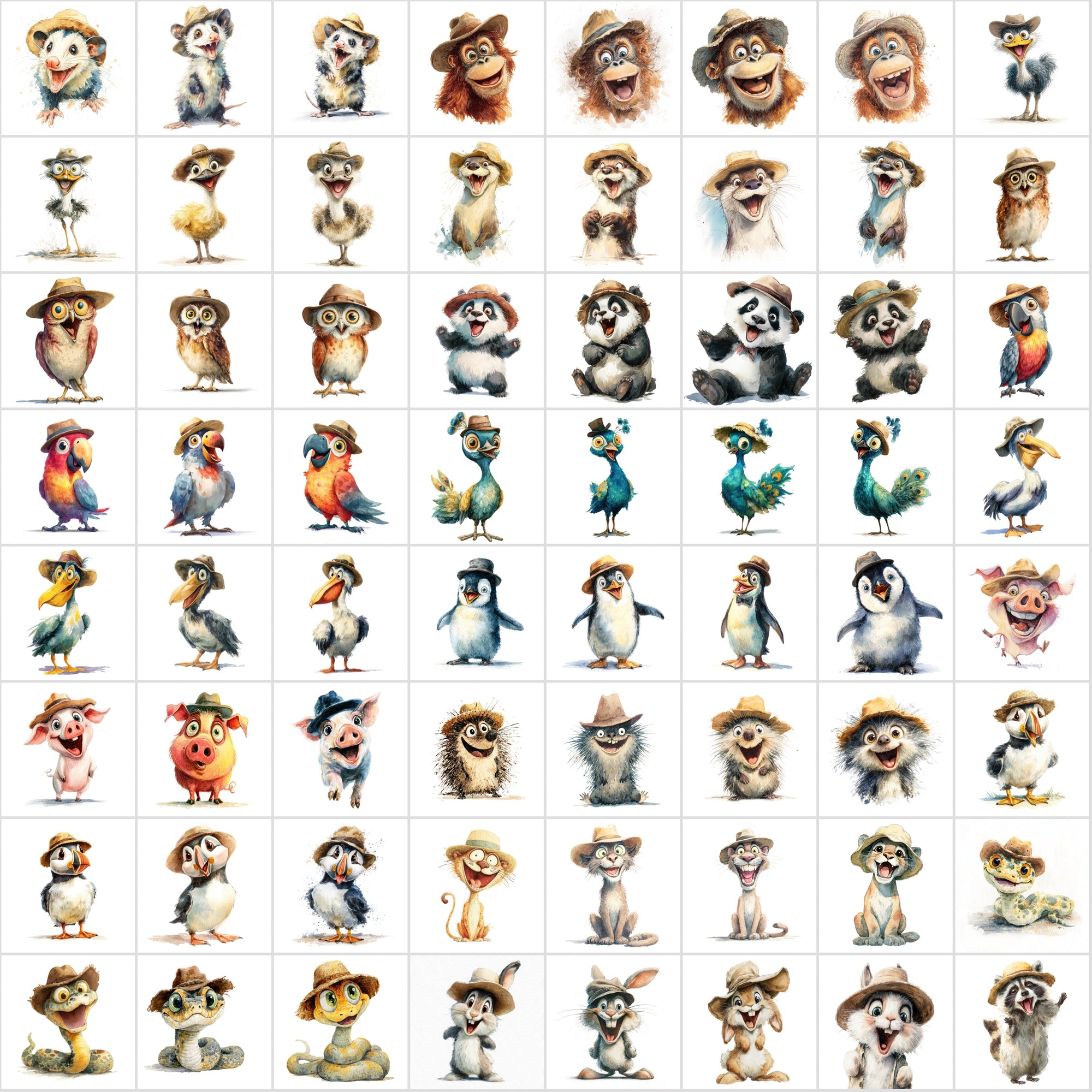 610 Funny Animals with Hats – Cartoon Watercolor Animal Clipart Bundle