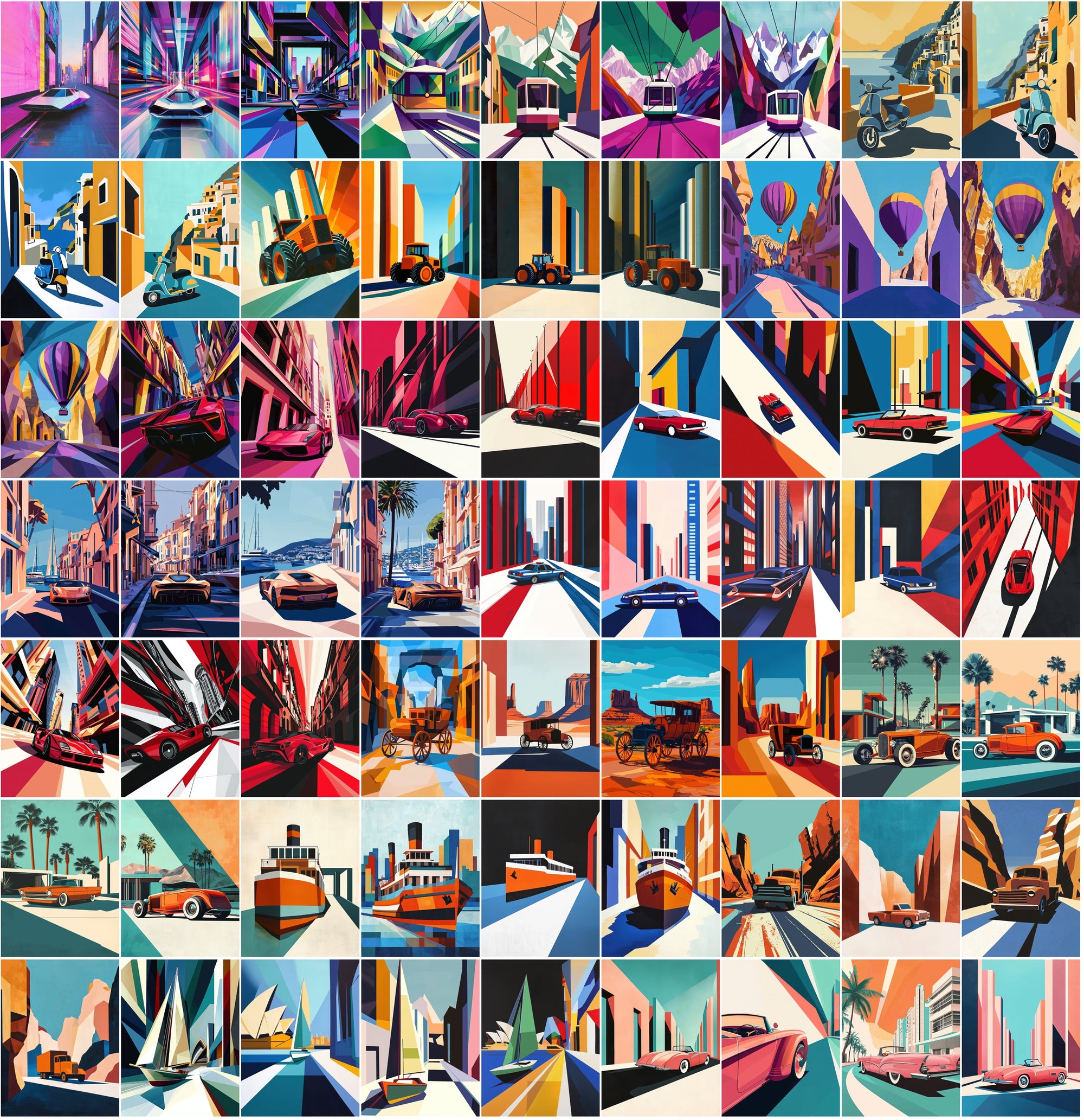 555 Bauhaus Vehicle Illustrations Bundle | City Transport Art | Geometric Digital Wall Art