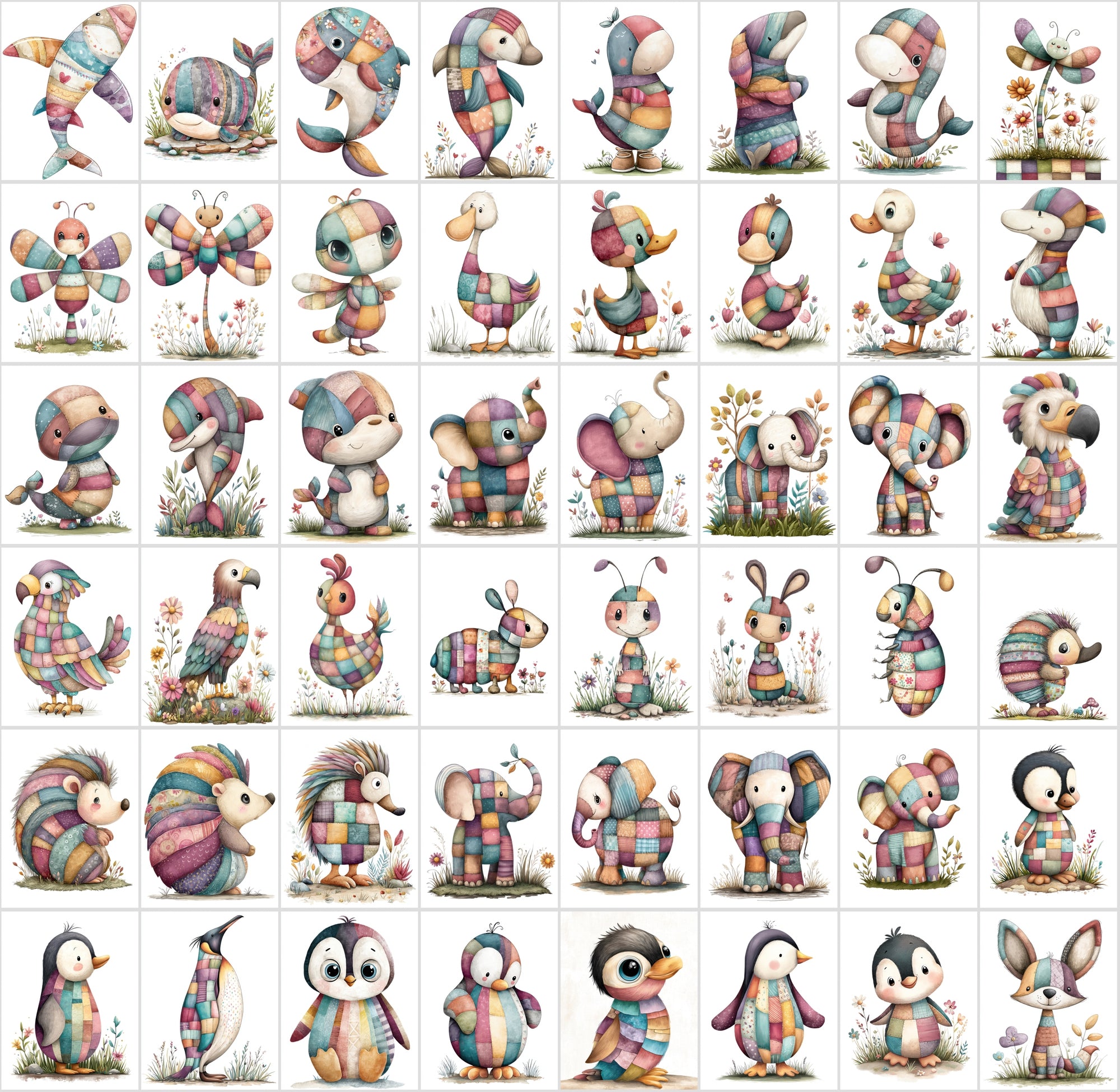 1090 Patchwork Animal Clipart Bundle – Cute Kids Book Style Animals