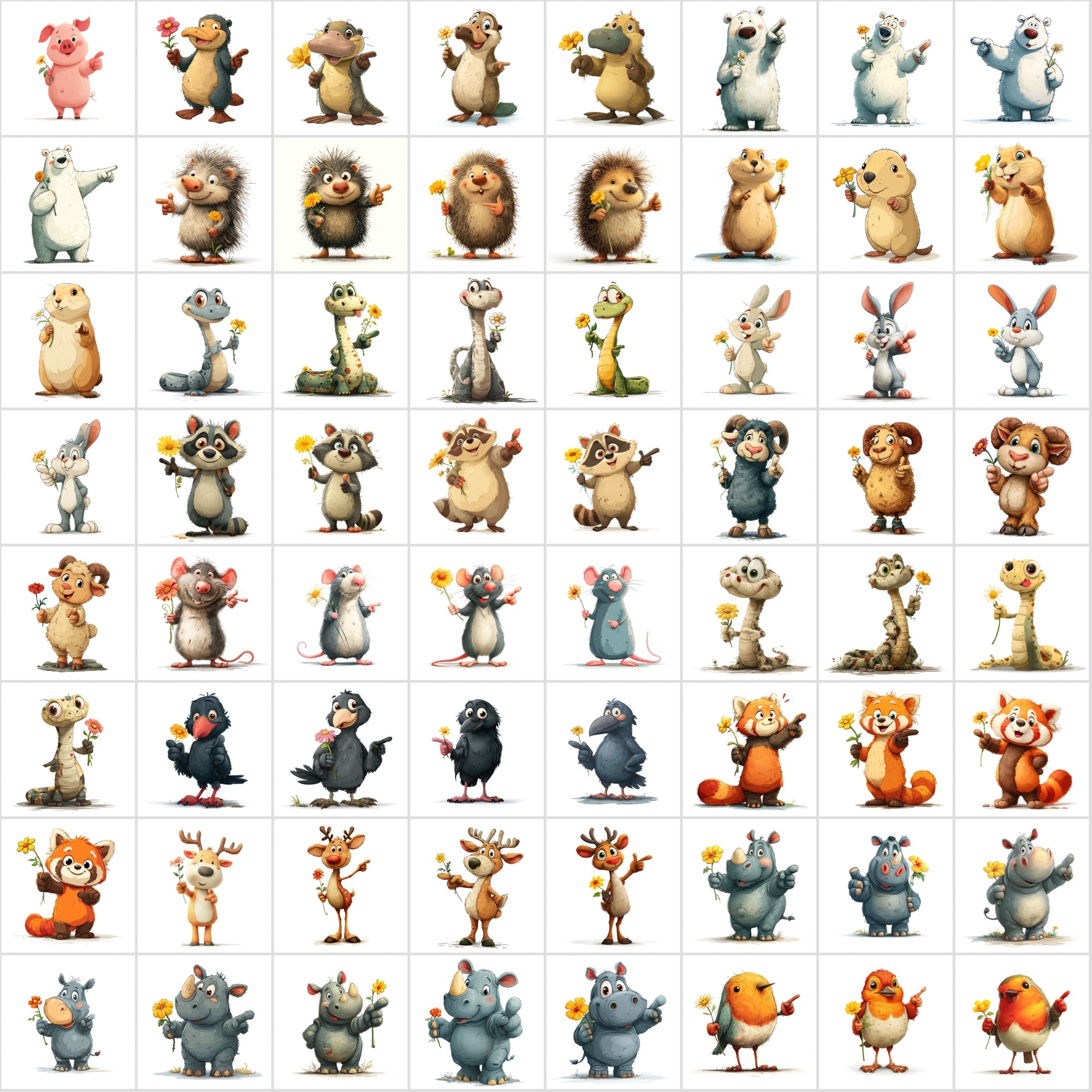 590 Cute Animals Holding Flowers | Cartoon Animal Clipart