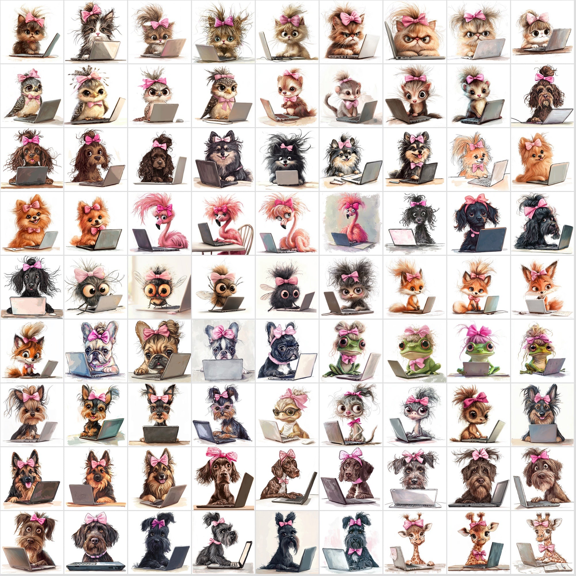 1150 Funny Hairy Animals with Pink Bows Working on Laptops
