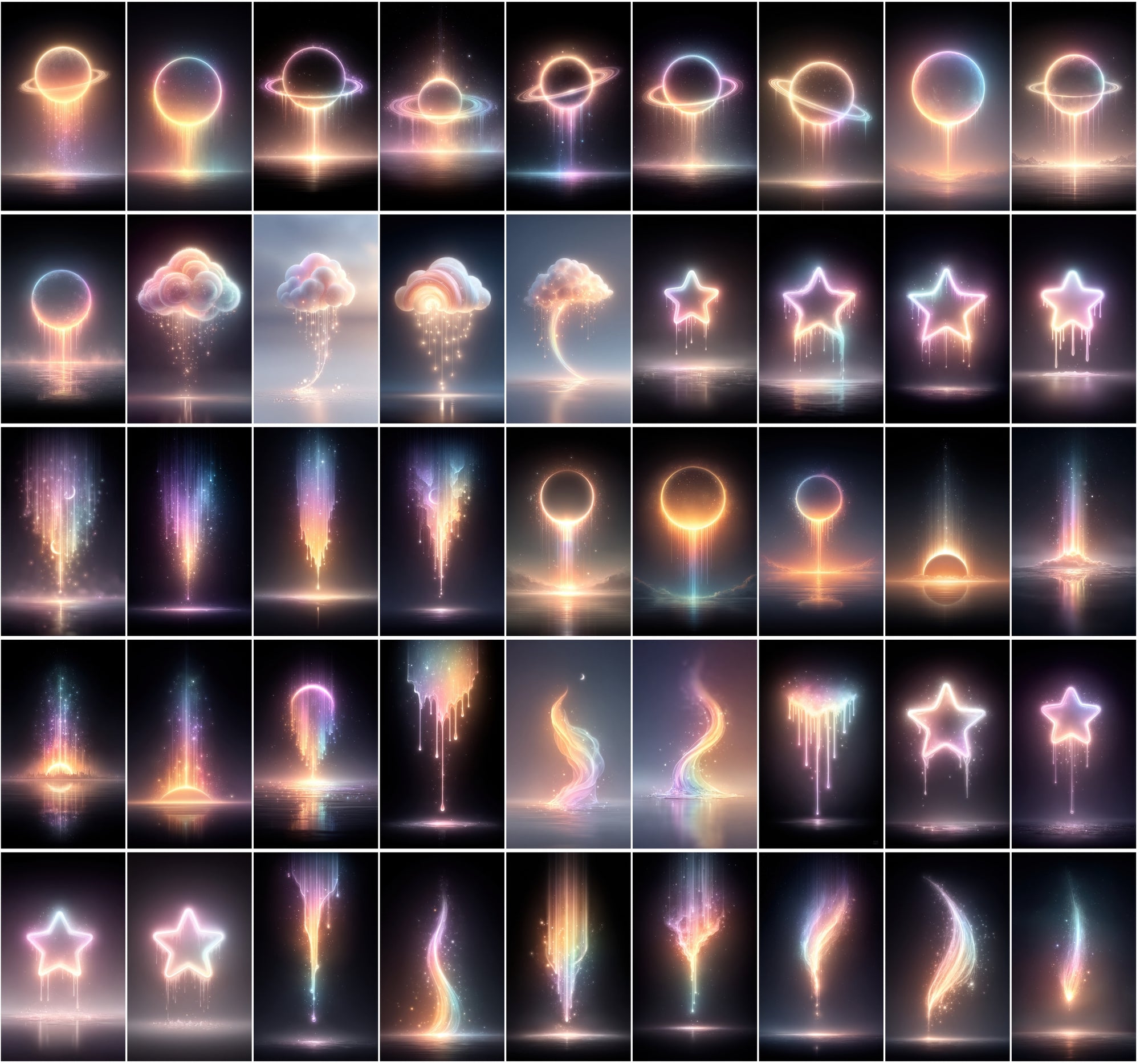 620 Glowing Rainbow Neon Images | Luminous Cosmic Art | Sparkling Dripping Stars, Moons, Clouds & Hearts
