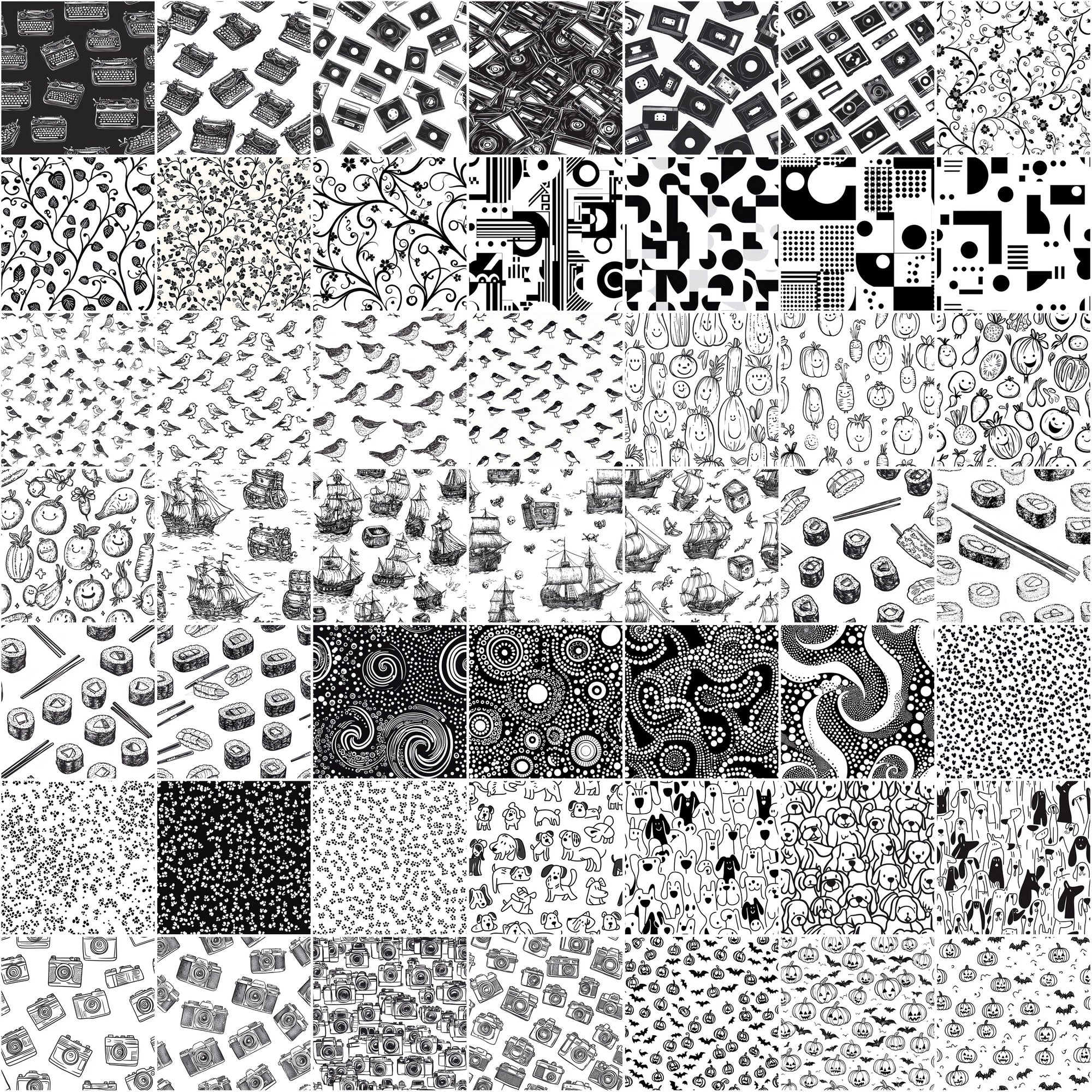 555 Black & White Seamless Patterns | Hand-Drawn Doodles, Geometric & Cute Designs