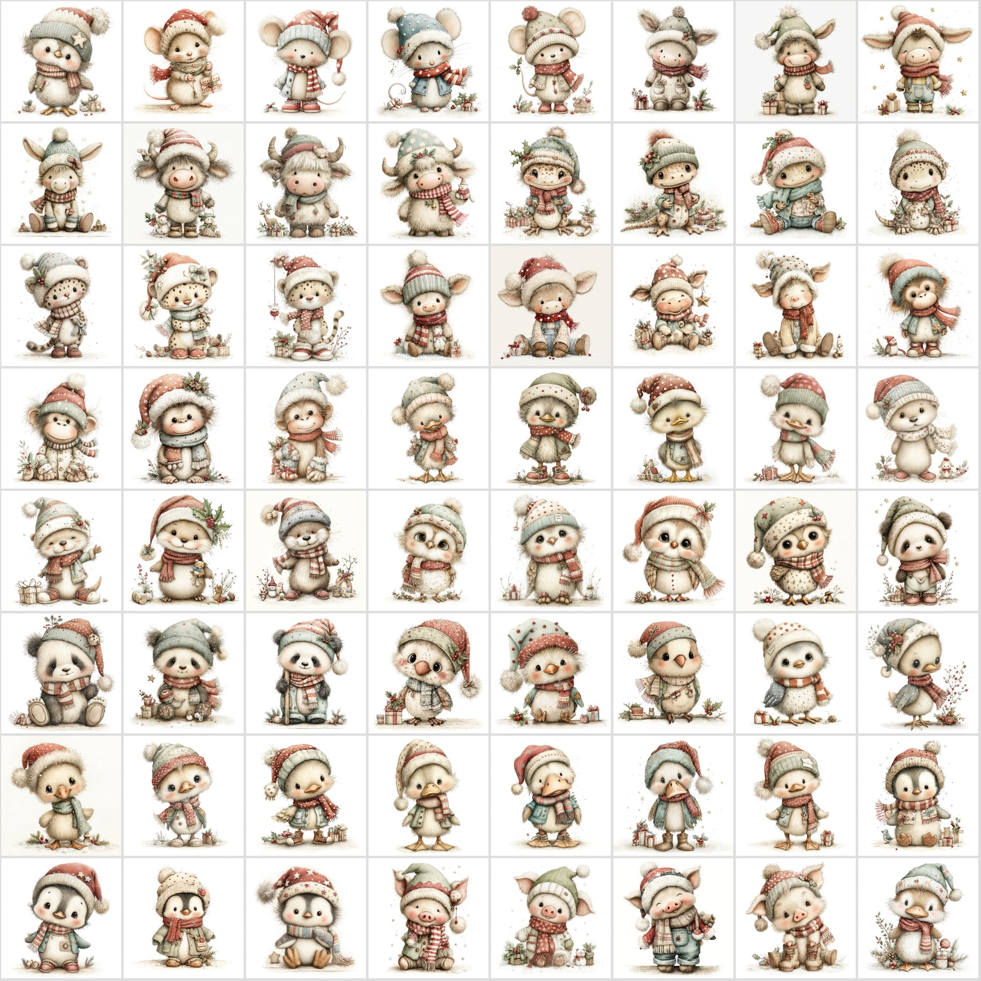 630 Baby Christmas Animal Clipart – Cute Winter Wildlife with Santa Hats & Scarves, Holiday Baby Animals, High-Resolution JPGs