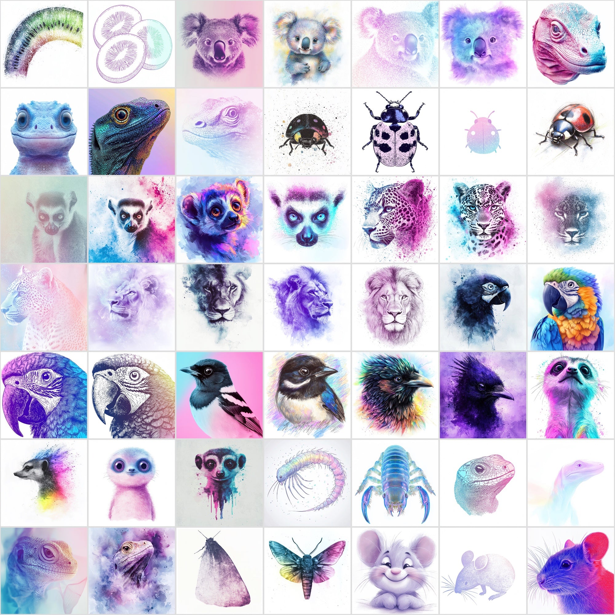 560 Dreamy Animal Face Illustrations Bundle | Charcoal Art with Pastel Backgrounds