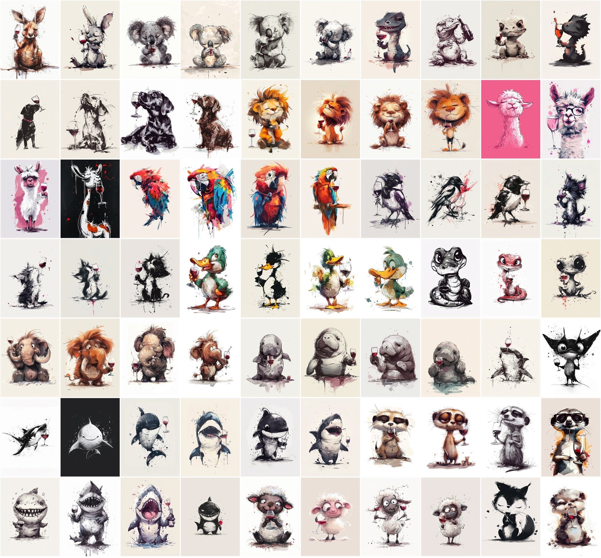980 Unique Animal Wine Art Images | Commercial Use | Perfect for Postcards & Party Decor