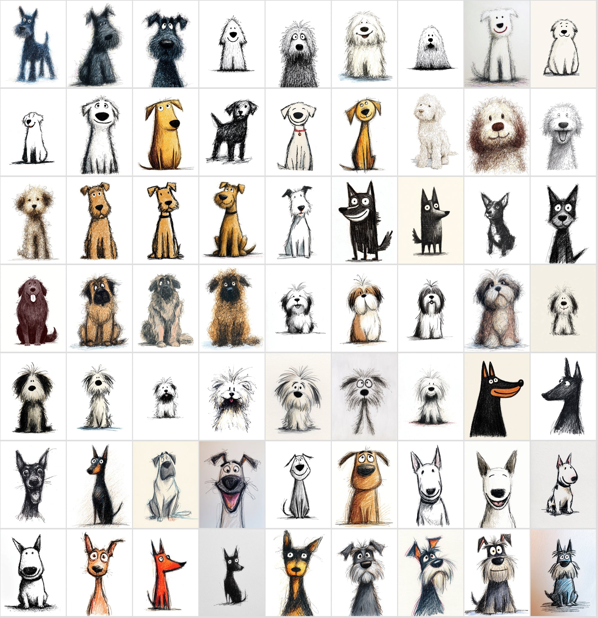 740 Dog Breed Doodle Illustrations – Quirky Sketch Clipart Bundle, Commercial License