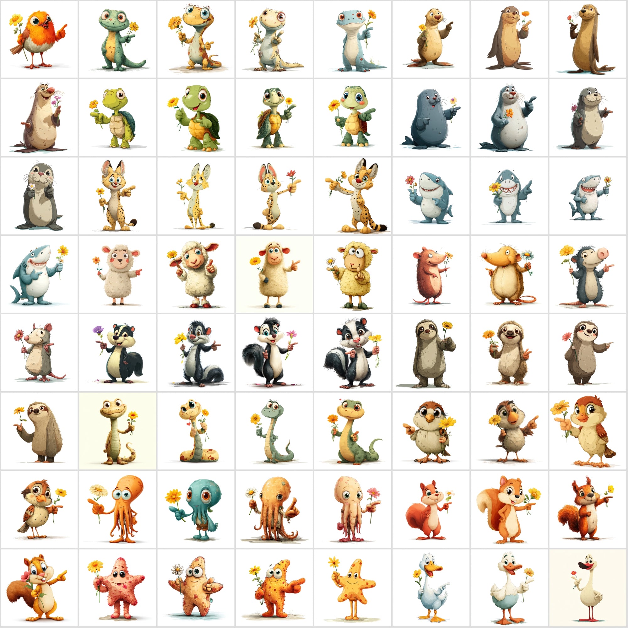 590 Cute Animals Holding Flowers | Cartoon Animal Clipart