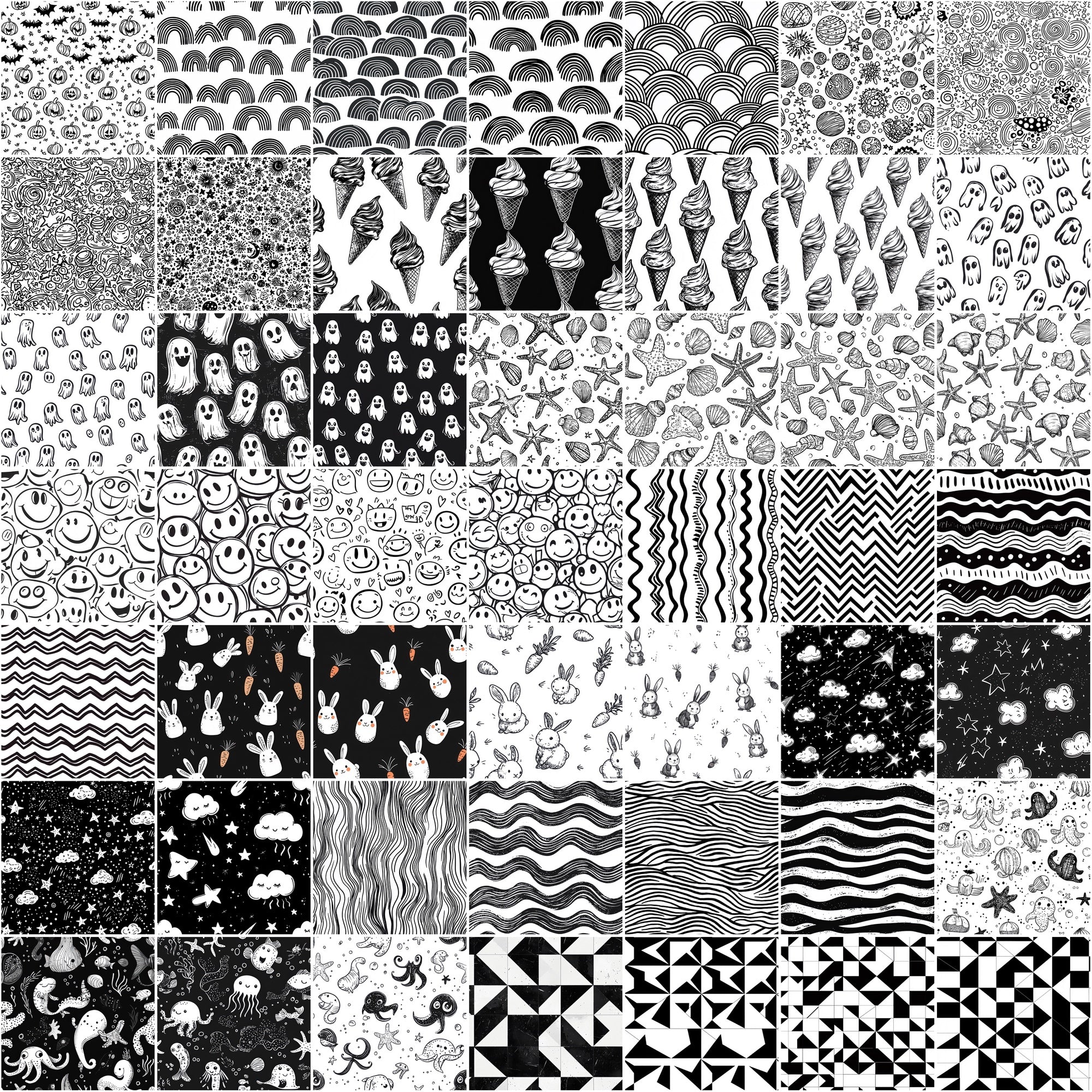 555 Black & White Seamless Patterns | Hand-Drawn Doodles, Geometric & Cute Designs
