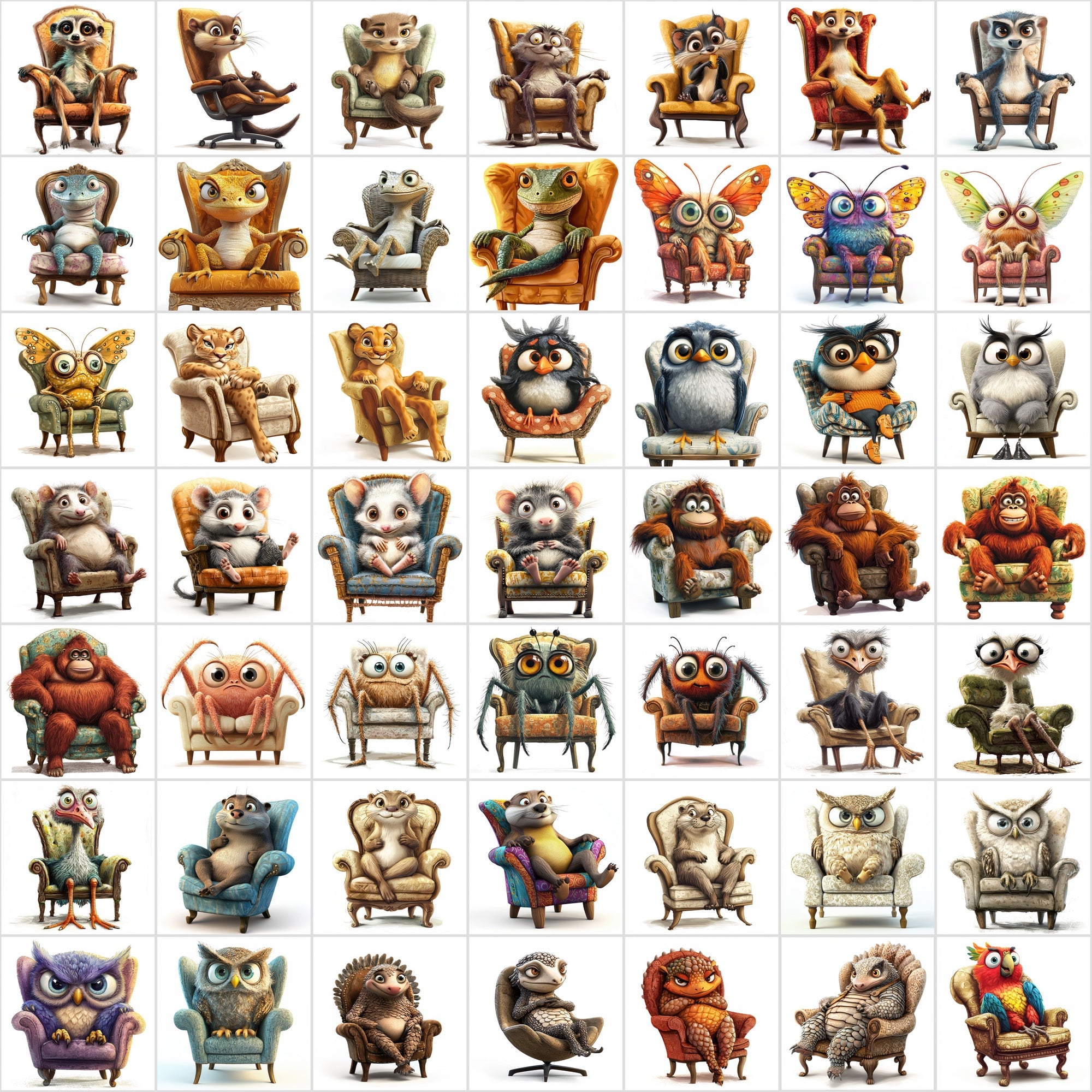 600 Fun Animal Illustrations Sitting on Armchairs