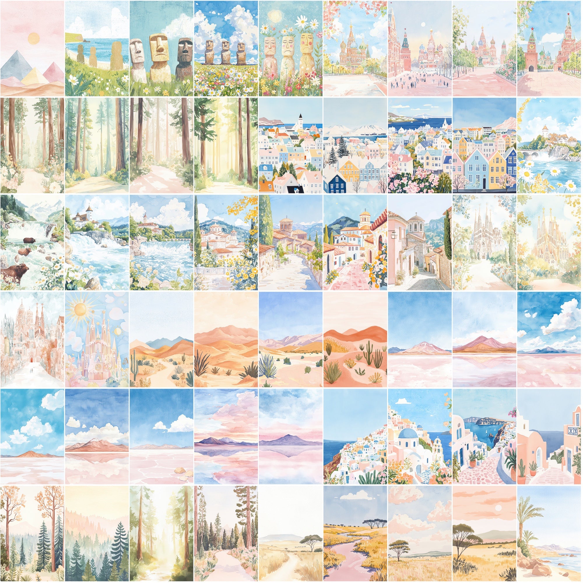 520 Gouache World Landmarks Illustrations | Pastel Color Travel Art