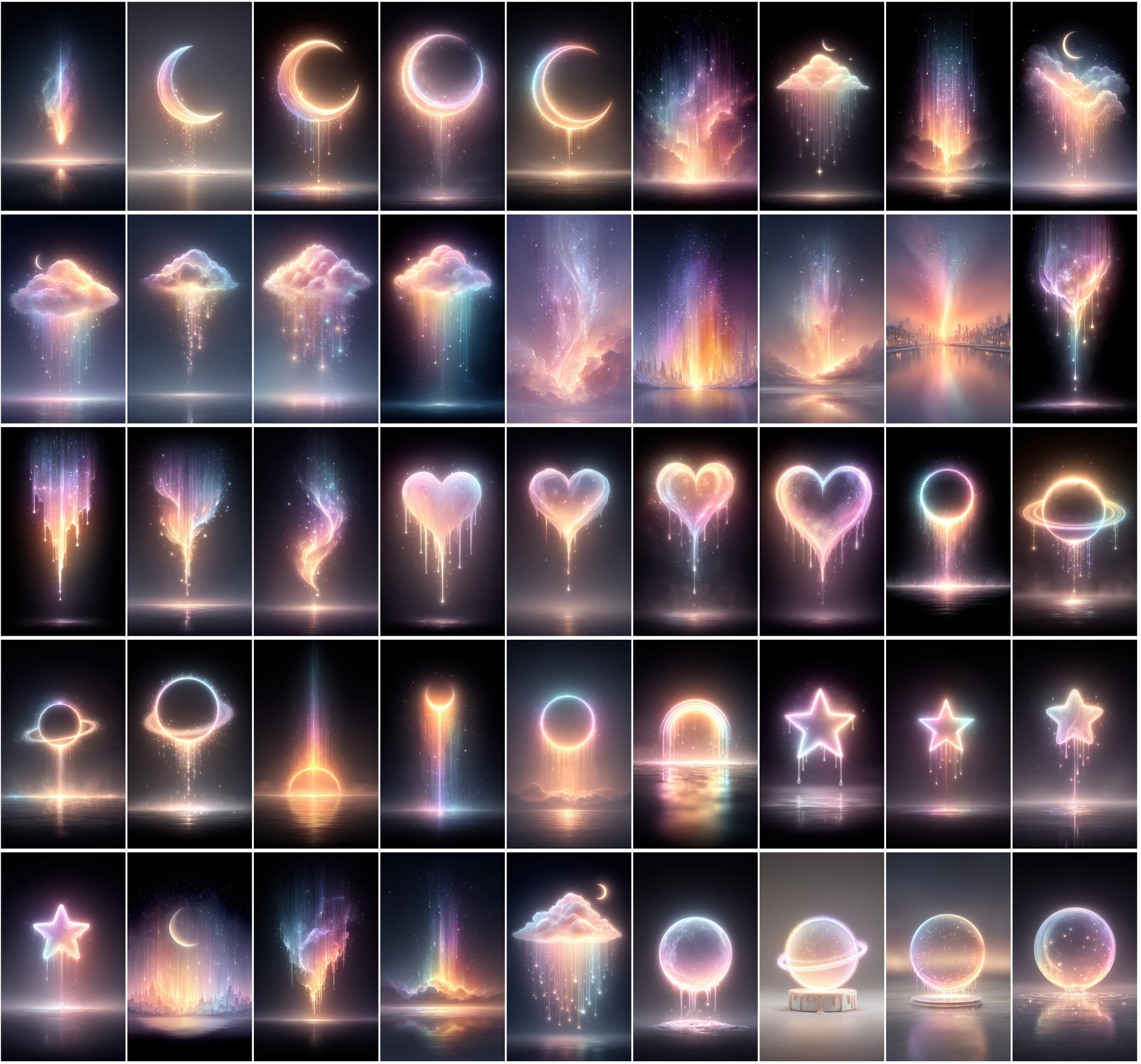 620 Glowing Rainbow Neon Images | Luminous Cosmic Art | Sparkling Dripping Stars, Moons, Clouds & Hearts