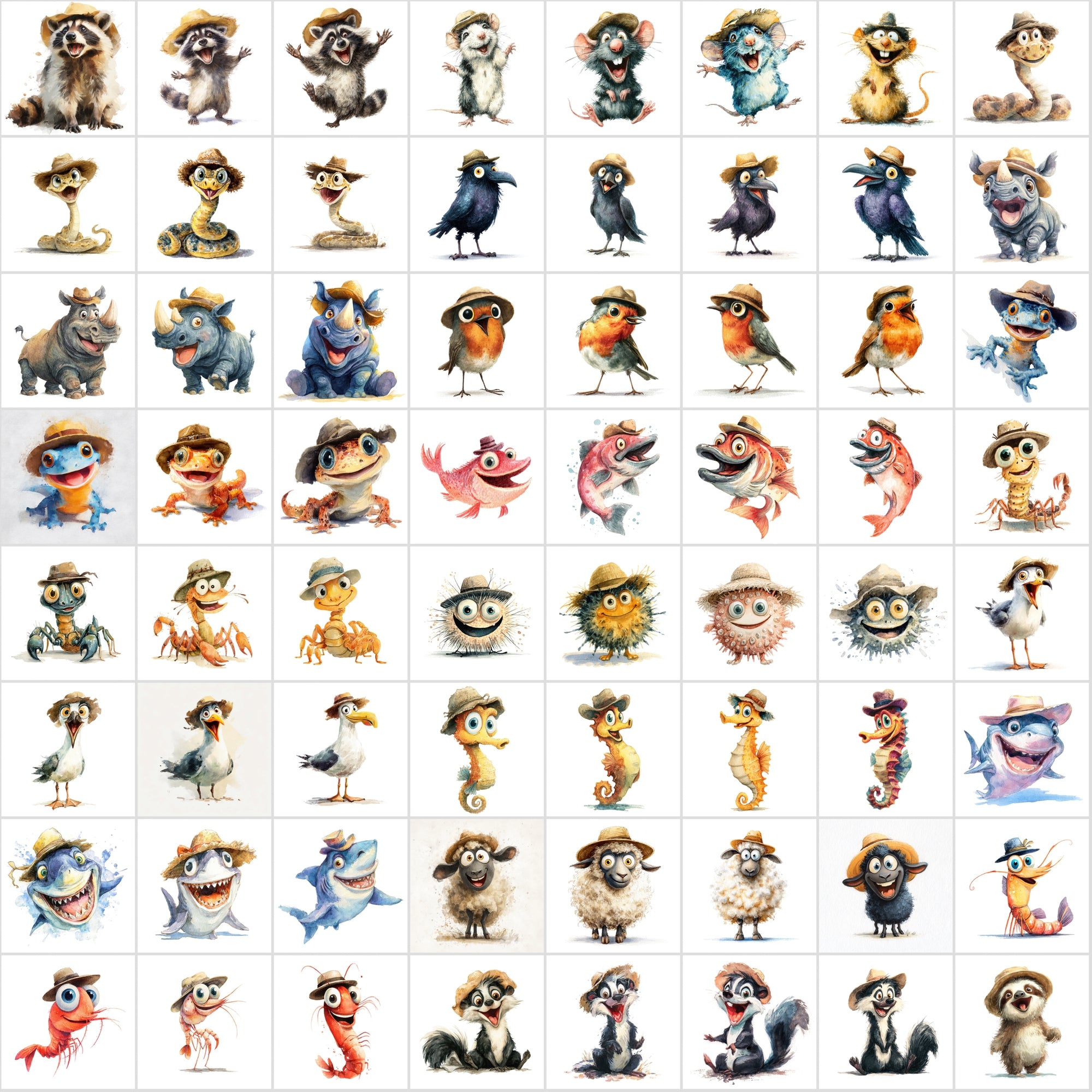 610 Funny Animals with Hats – Cartoon Watercolor Animal Clipart Bundle