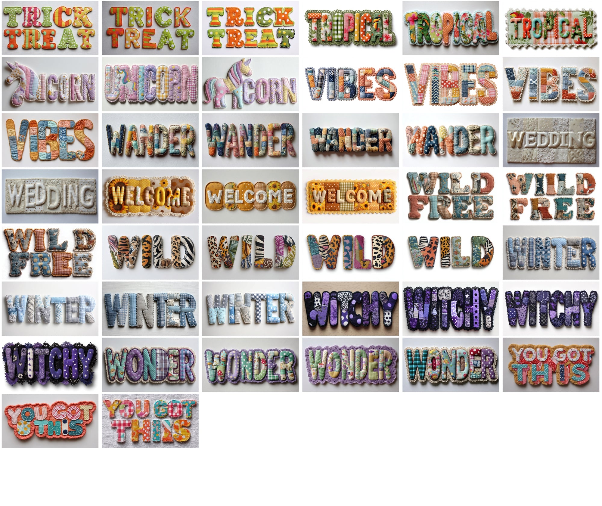 420 Fabric Patchwork Word Art Images | Retro Bubble Font Quilt Applique