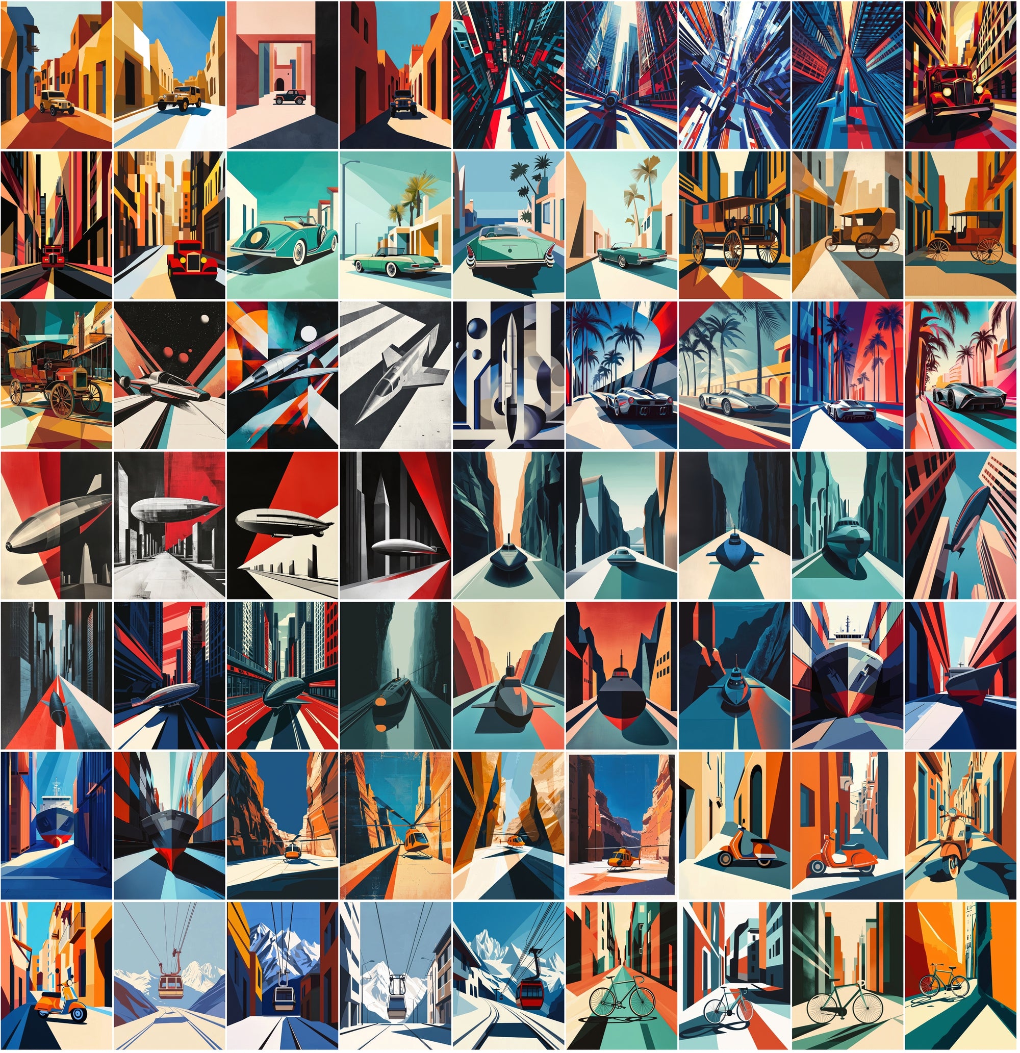 555 Bauhaus Vehicle Illustrations Bundle | City Transport Art | Geometric Digital Wall Art