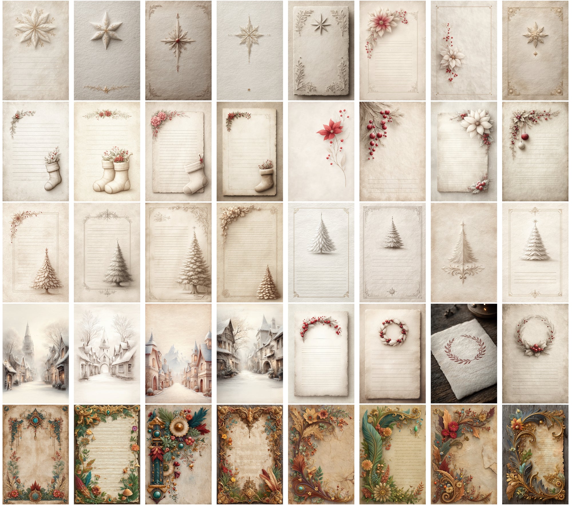 590 Vintage Christmas Parchment Pages | Lined Stationery, Antique Paper, JPG, Commercial Use