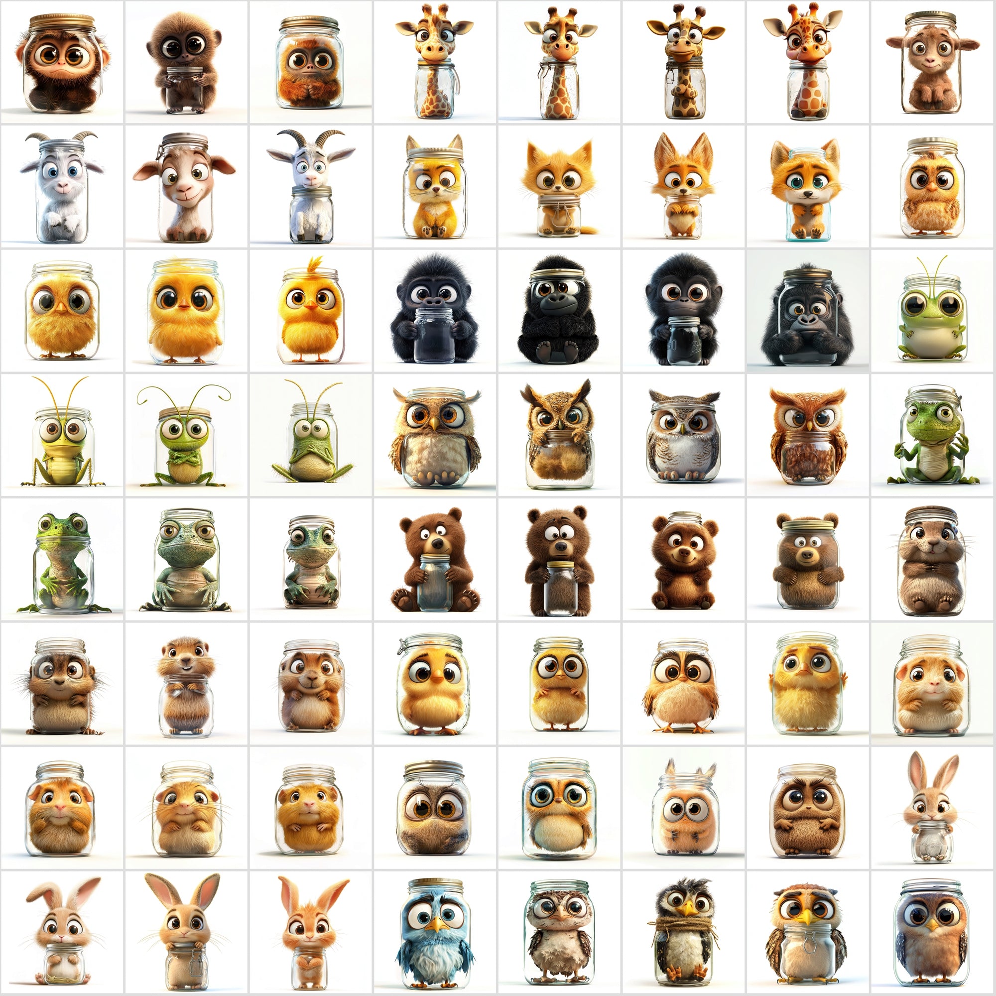 890 Adorable Mason Jar Animal Illustrations | High-Res JPG + Commercial License