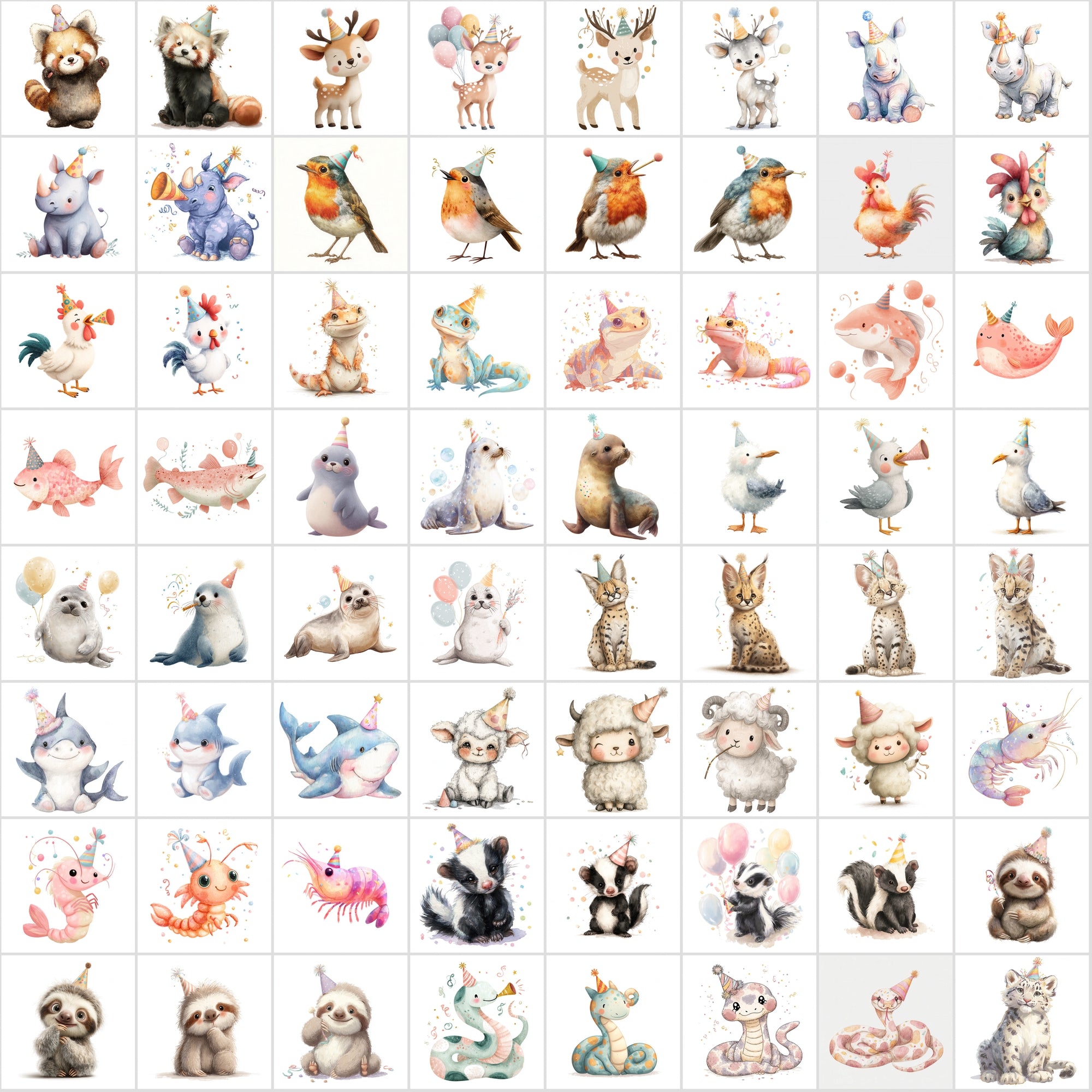 600 Cute Party Animal Clipart | Birthday Animal Illustrations | Pastel Baby Animal Graphics