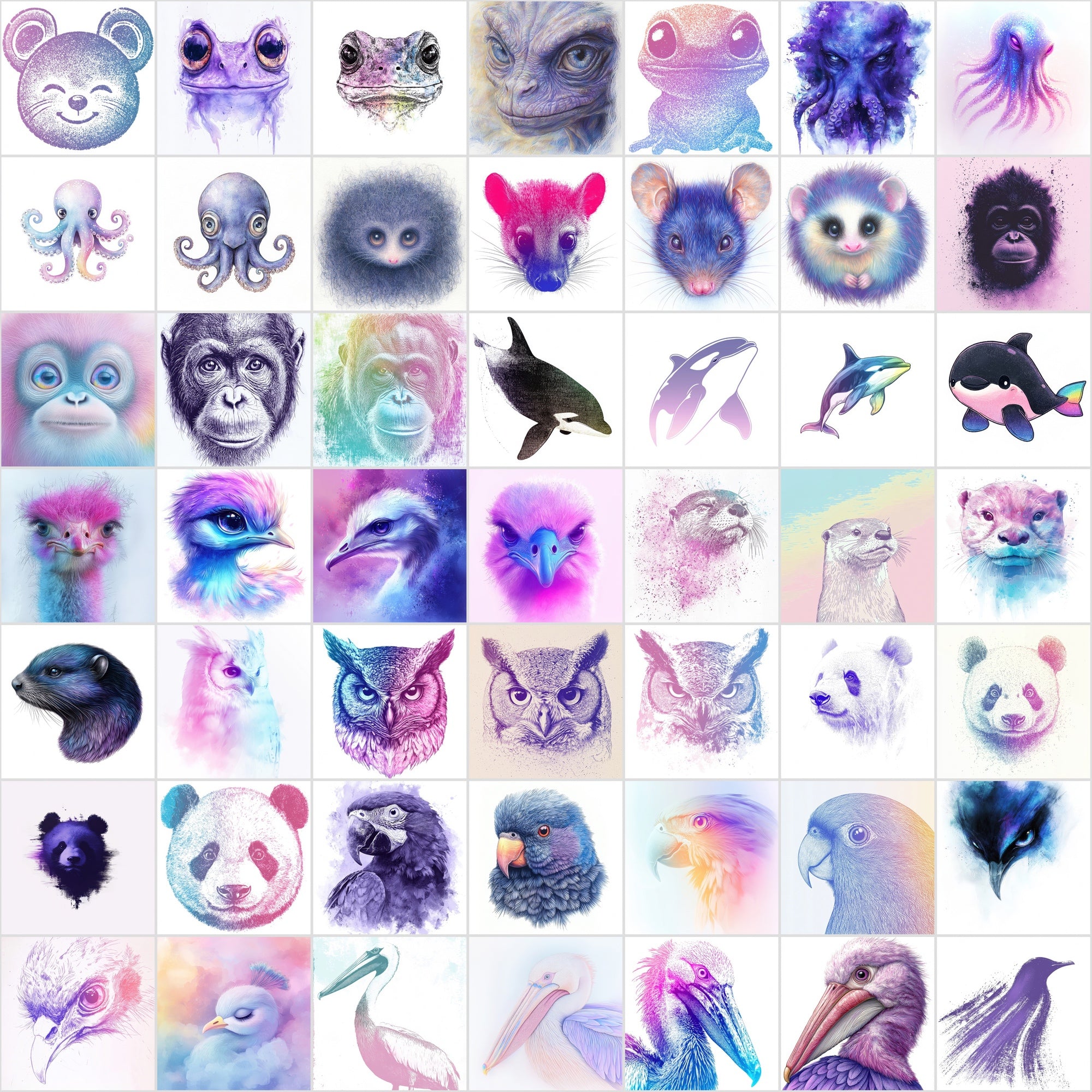 560 Dreamy Animal Face Illustrations Bundle | Charcoal Art with Pastel Backgrounds