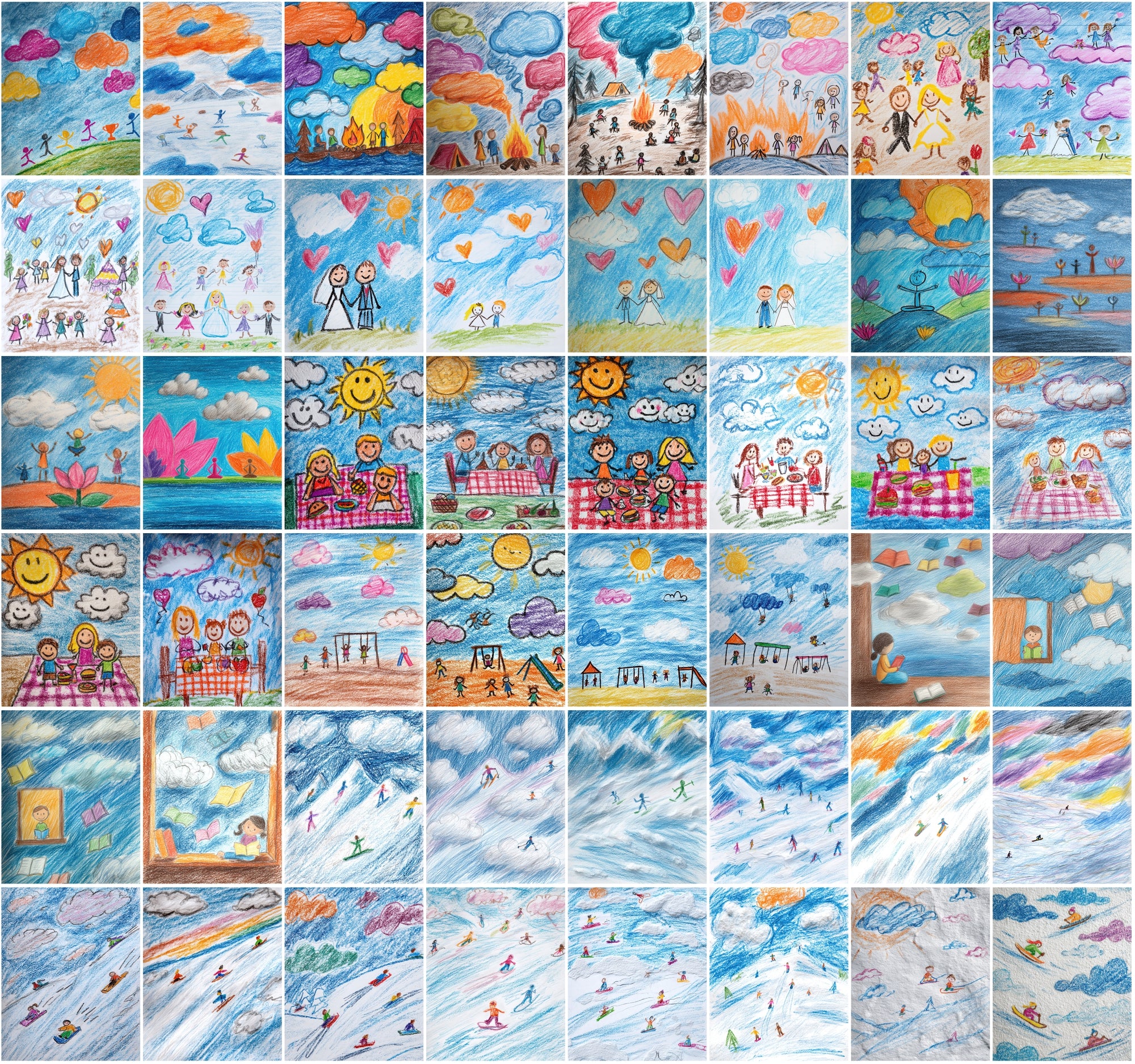 560 Kids Crayon Drawing Illustrations – Whimsical Weather-Themed JPG Art with Commercial License