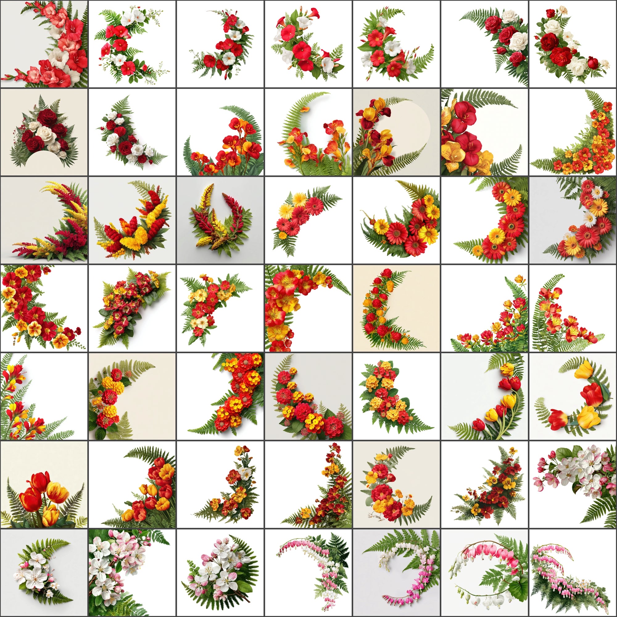 520 Floral Images Bundle | Flower Semicircle Arrangements with Ferns