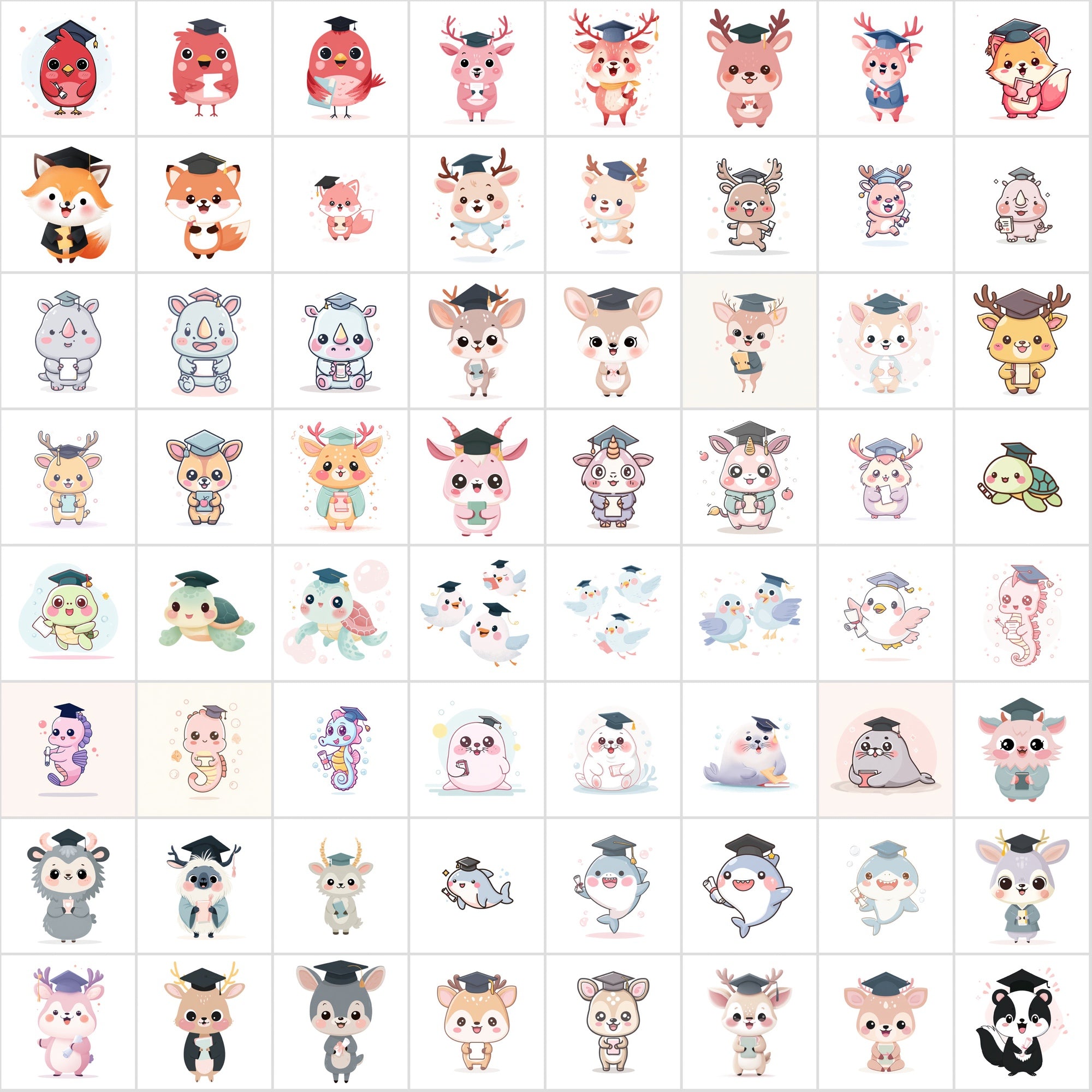 610 Kawaii Graduation Animal Clipart – High-Res JPGs | Commercial Use