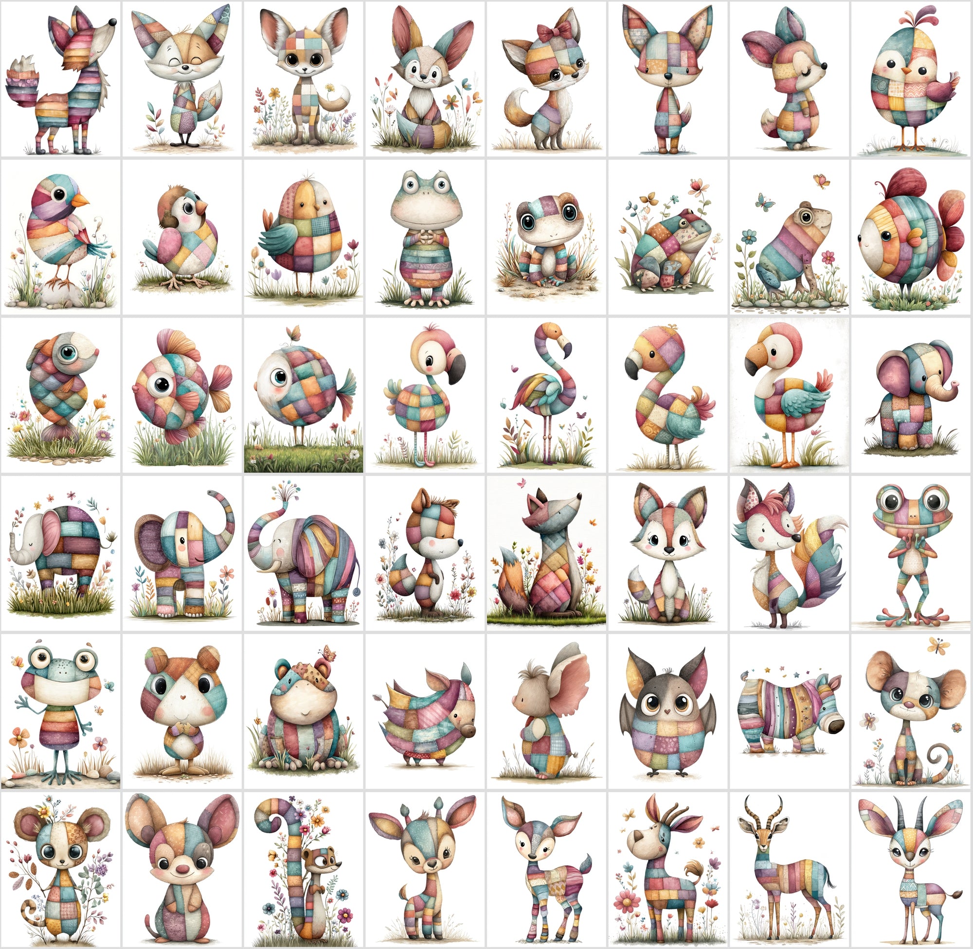 1090 Patchwork Animal Clipart Bundle – Cute Kids Book Style Animals