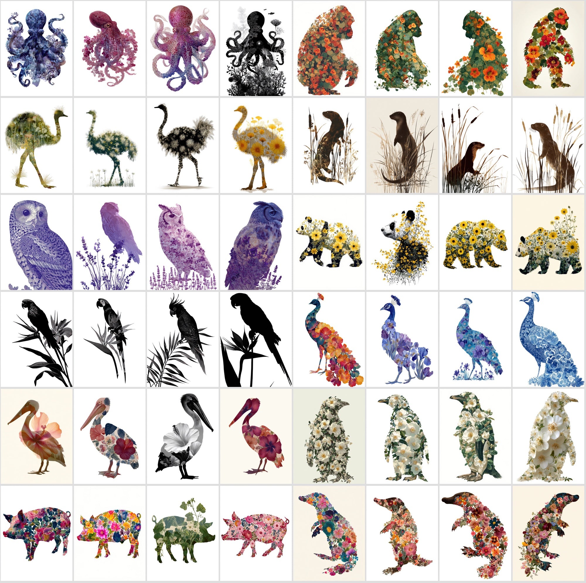 610 Floral Animal Silhouette Images – Vintage Flower Art, Commercial License
