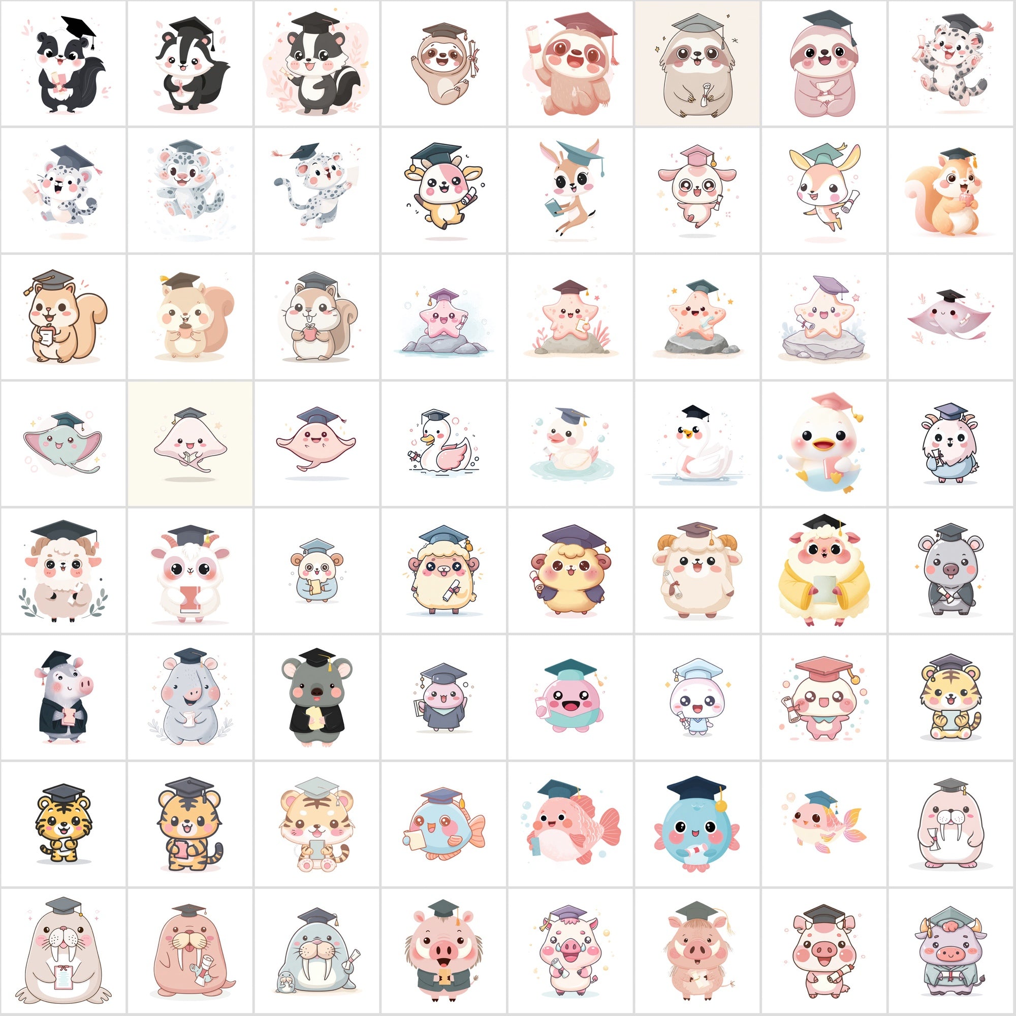 610 Kawaii Graduation Animal Clipart – High-Res JPGs | Commercial Use