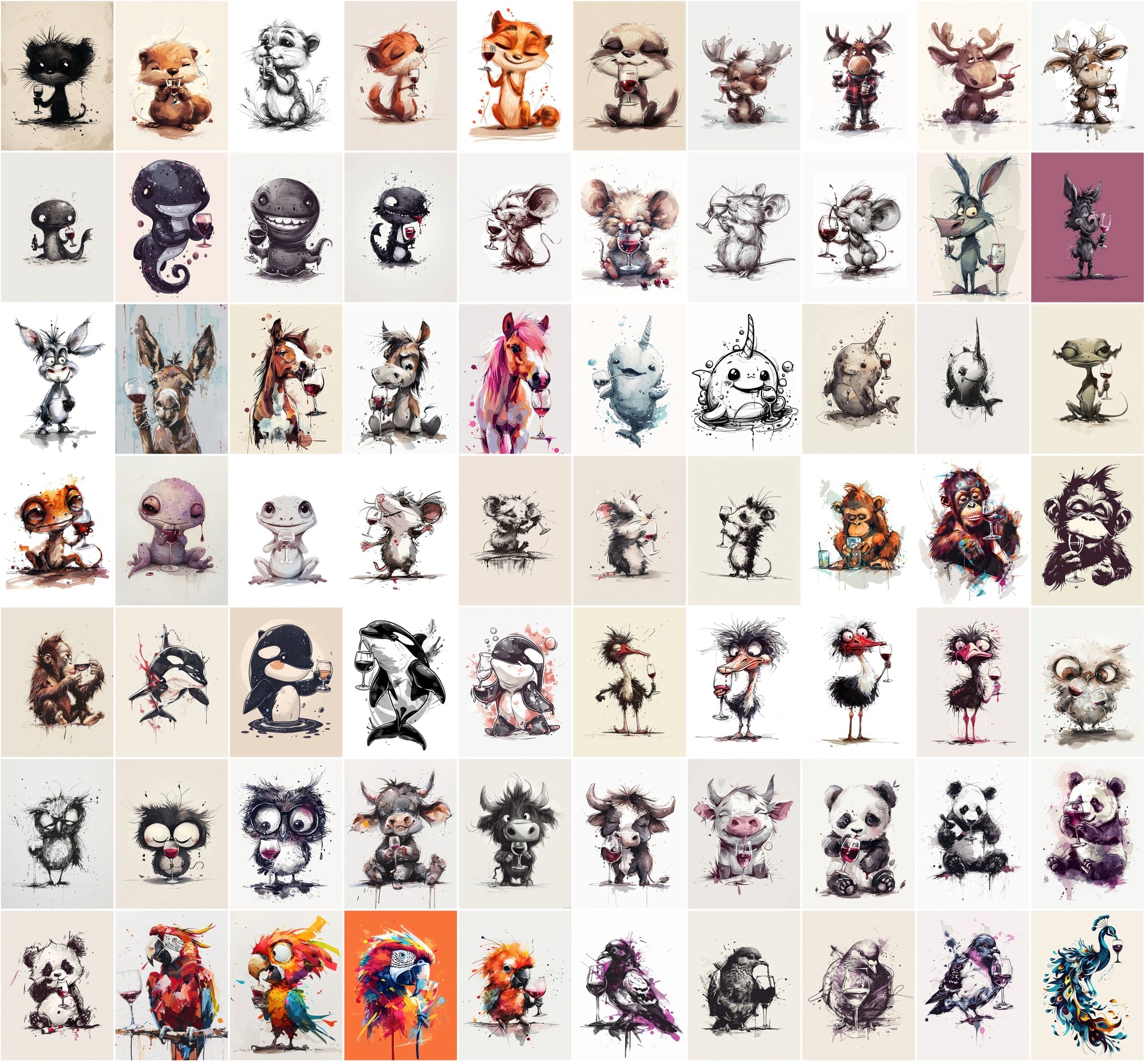 980 Unique Animal Wine Art Images | Commercial Use | Perfect for Postcards & Party Decor