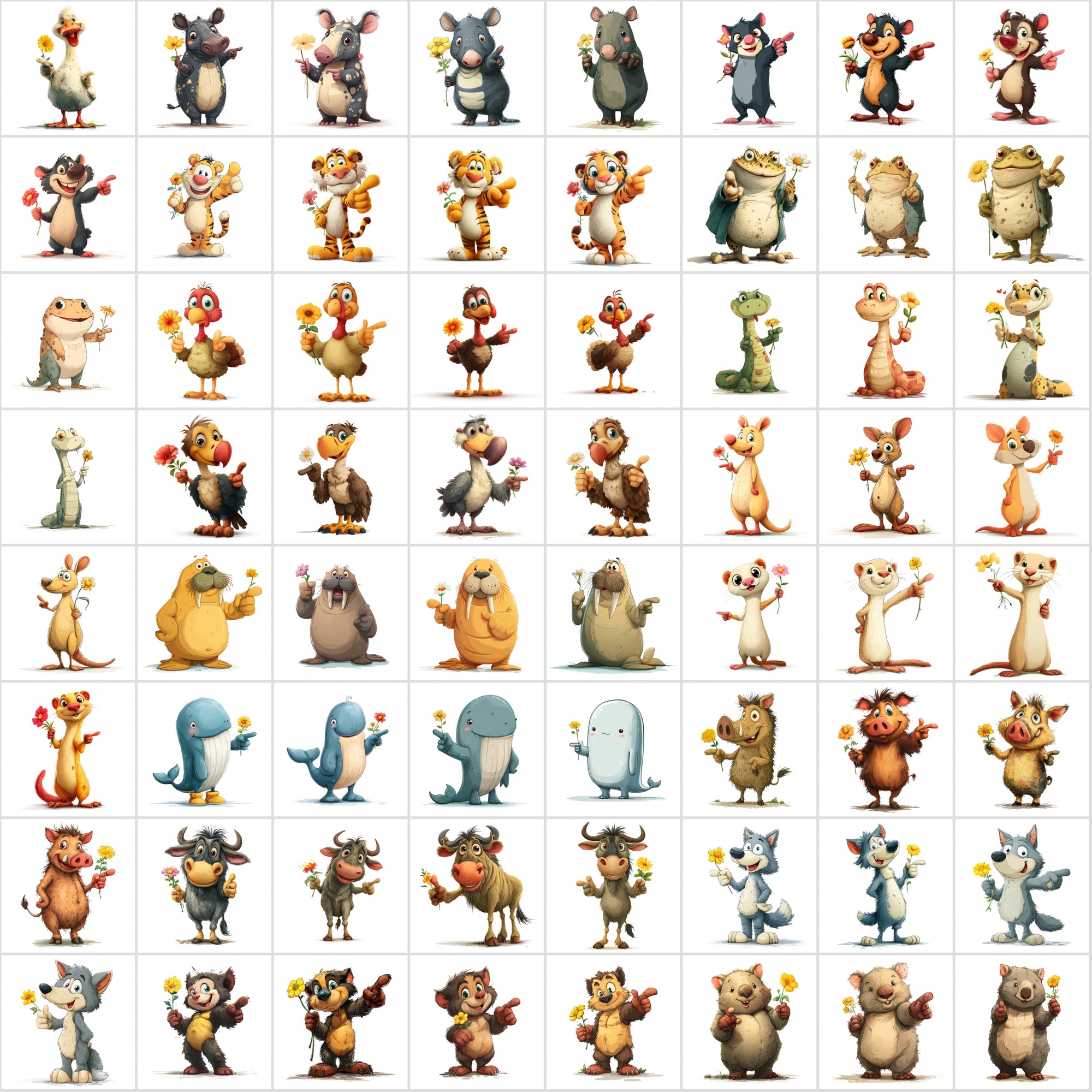 590 Cute Animals Holding Flowers | Cartoon Animal Clipart