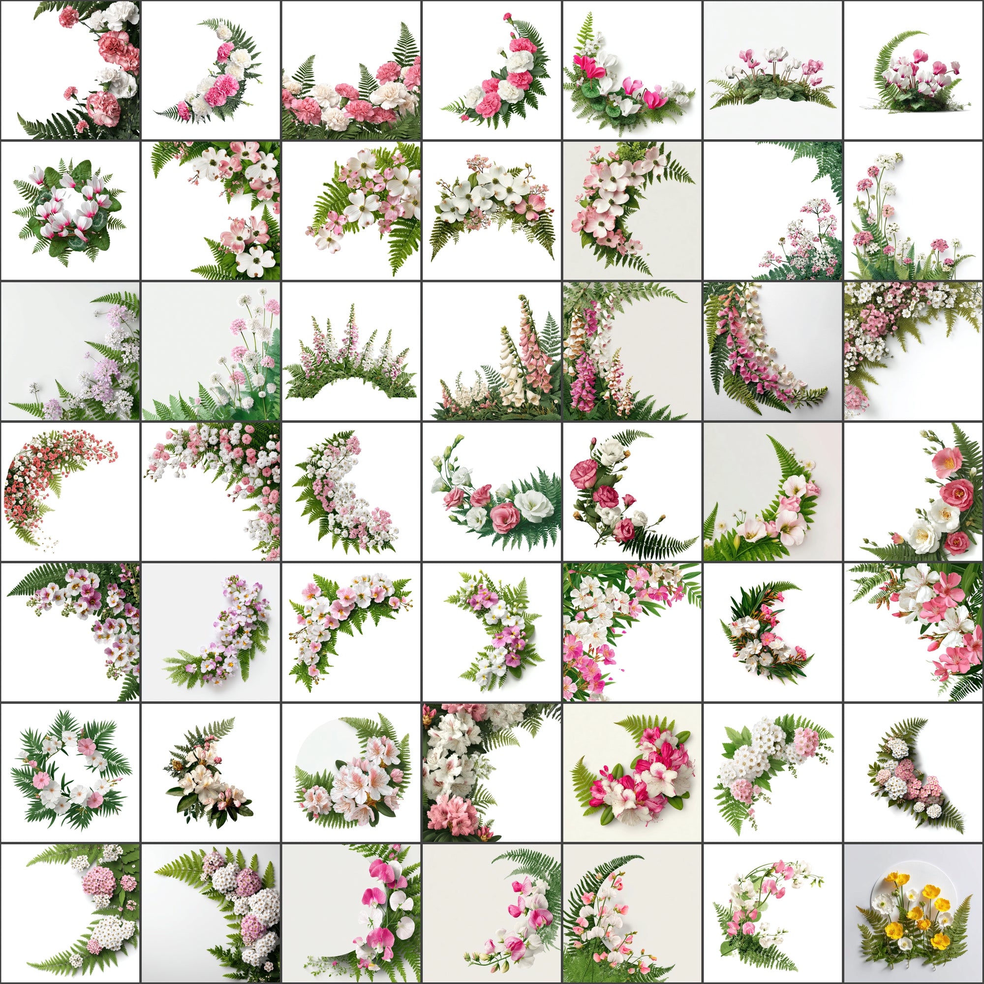 520 Floral Images Bundle | Flower Semicircle Arrangements with Ferns