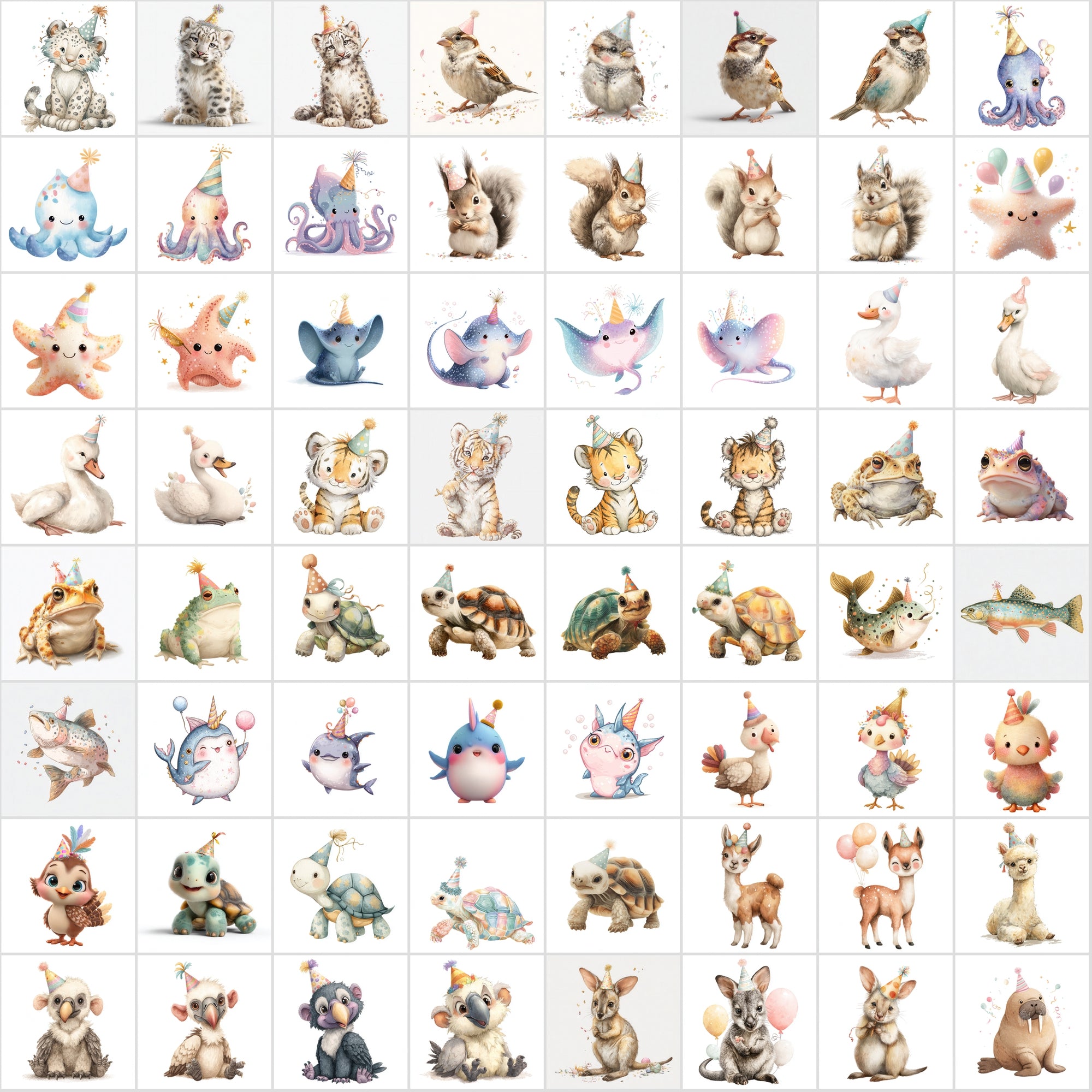 600 Cute Party Animal Clipart | Birthday Animal Illustrations | Pastel Baby Animal Graphics