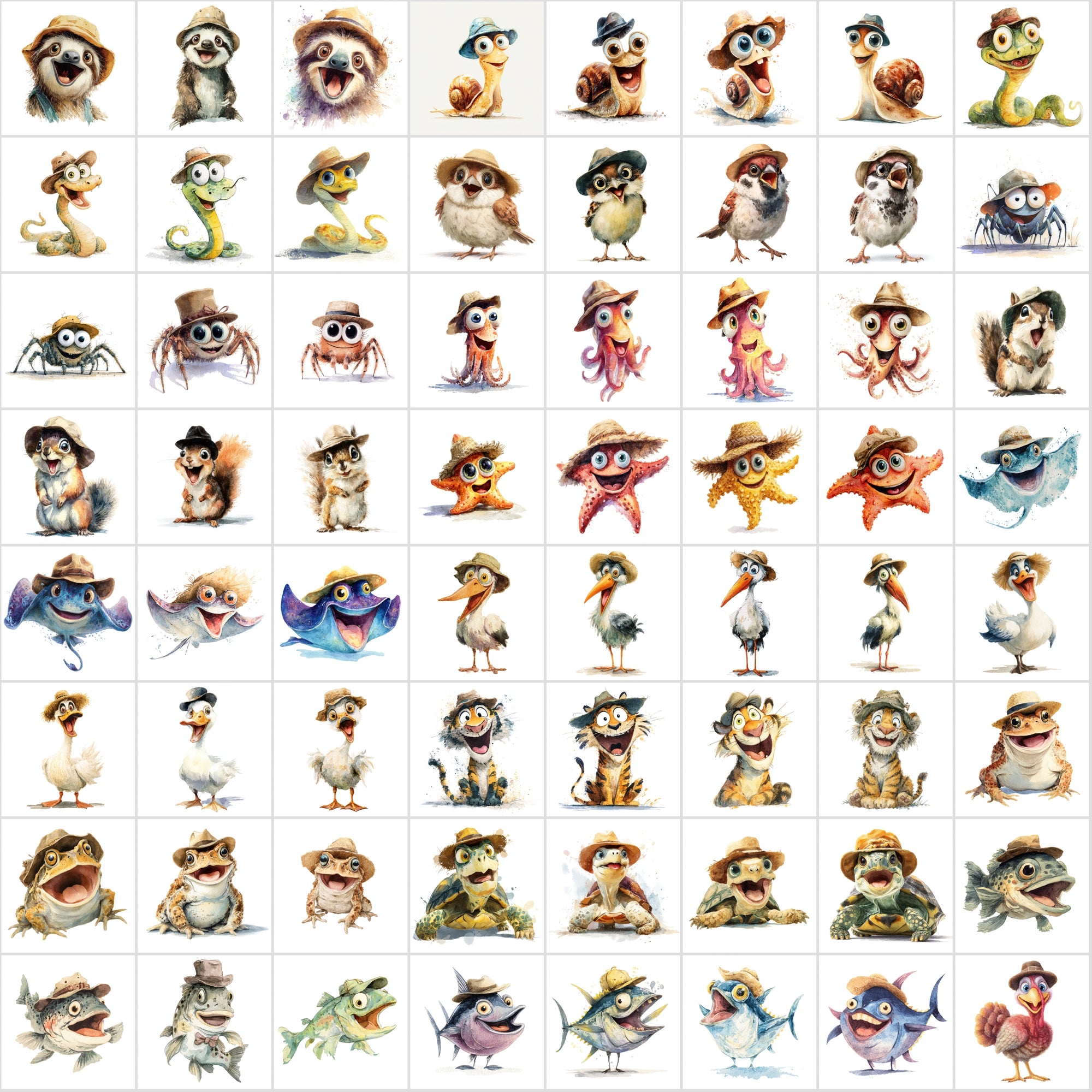610 Funny Animals with Hats – Cartoon Watercolor Animal Clipart Bundle