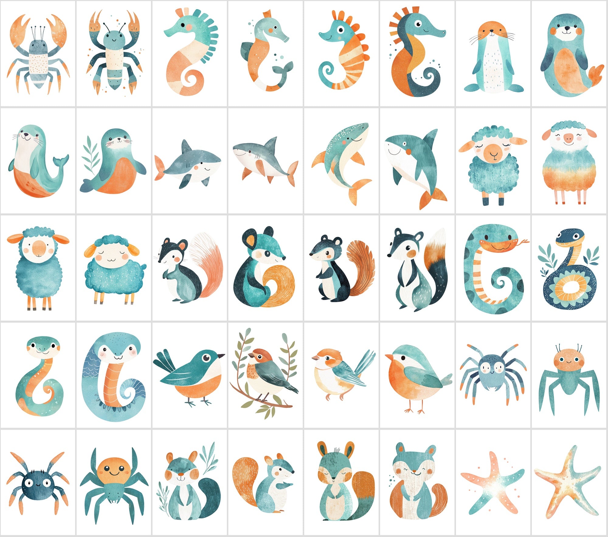 400 Teal & Orange Minimalist Animal Illustrations | Commercial License