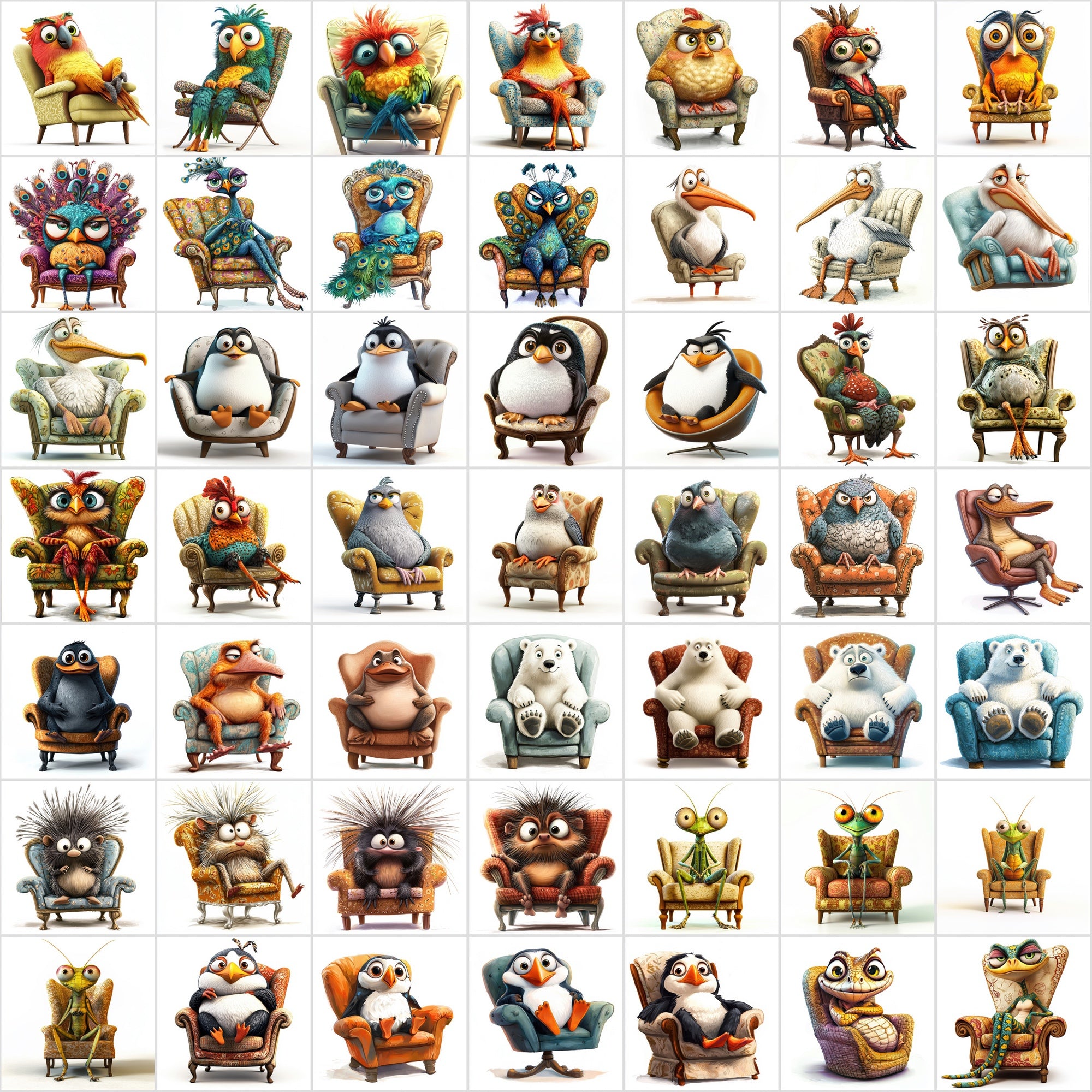 600 Fun Animal Illustrations Sitting on Armchairs