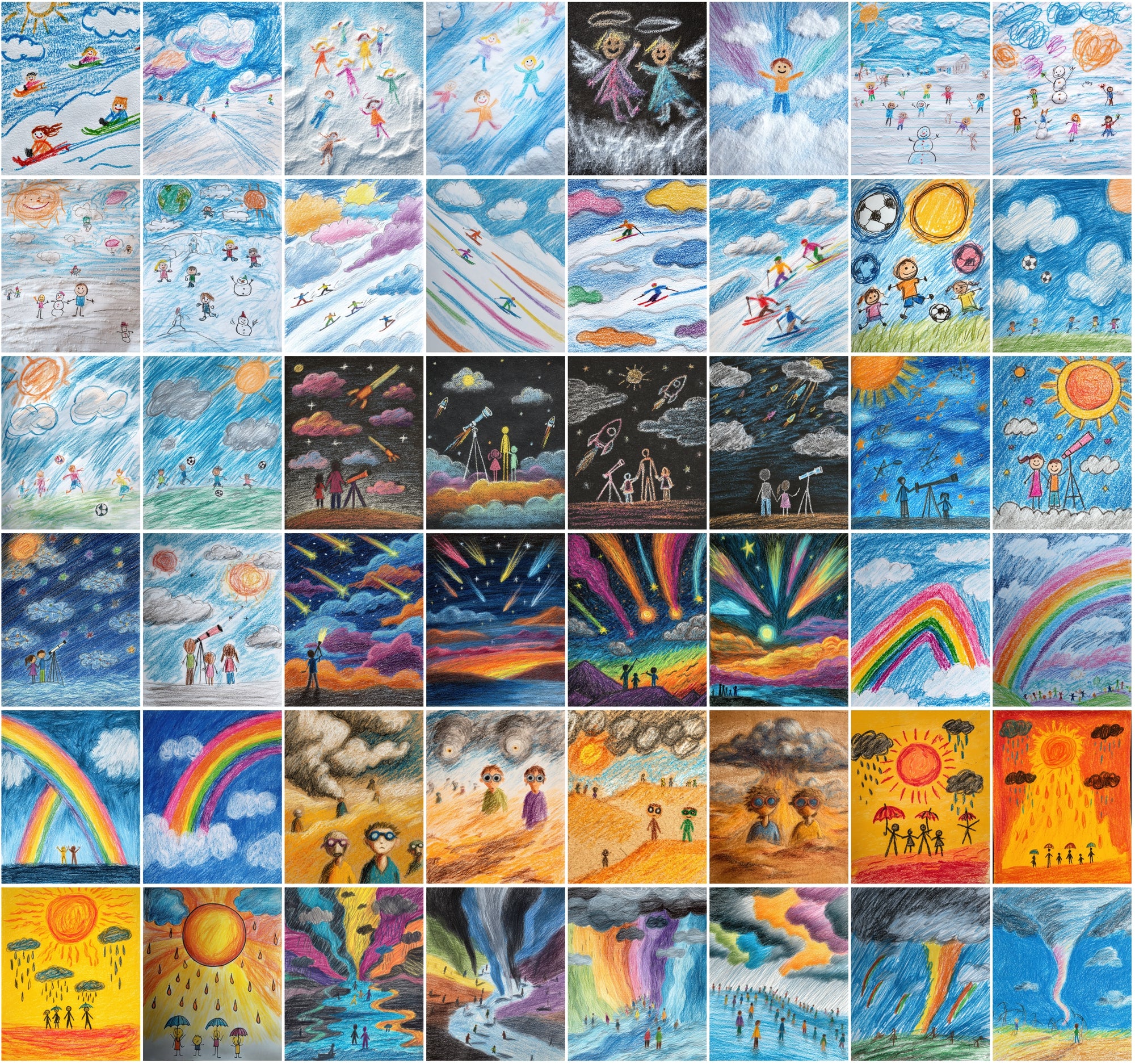 560 Kids Crayon Drawing Illustrations – Whimsical Weather-Themed JPG Art with Commercial License