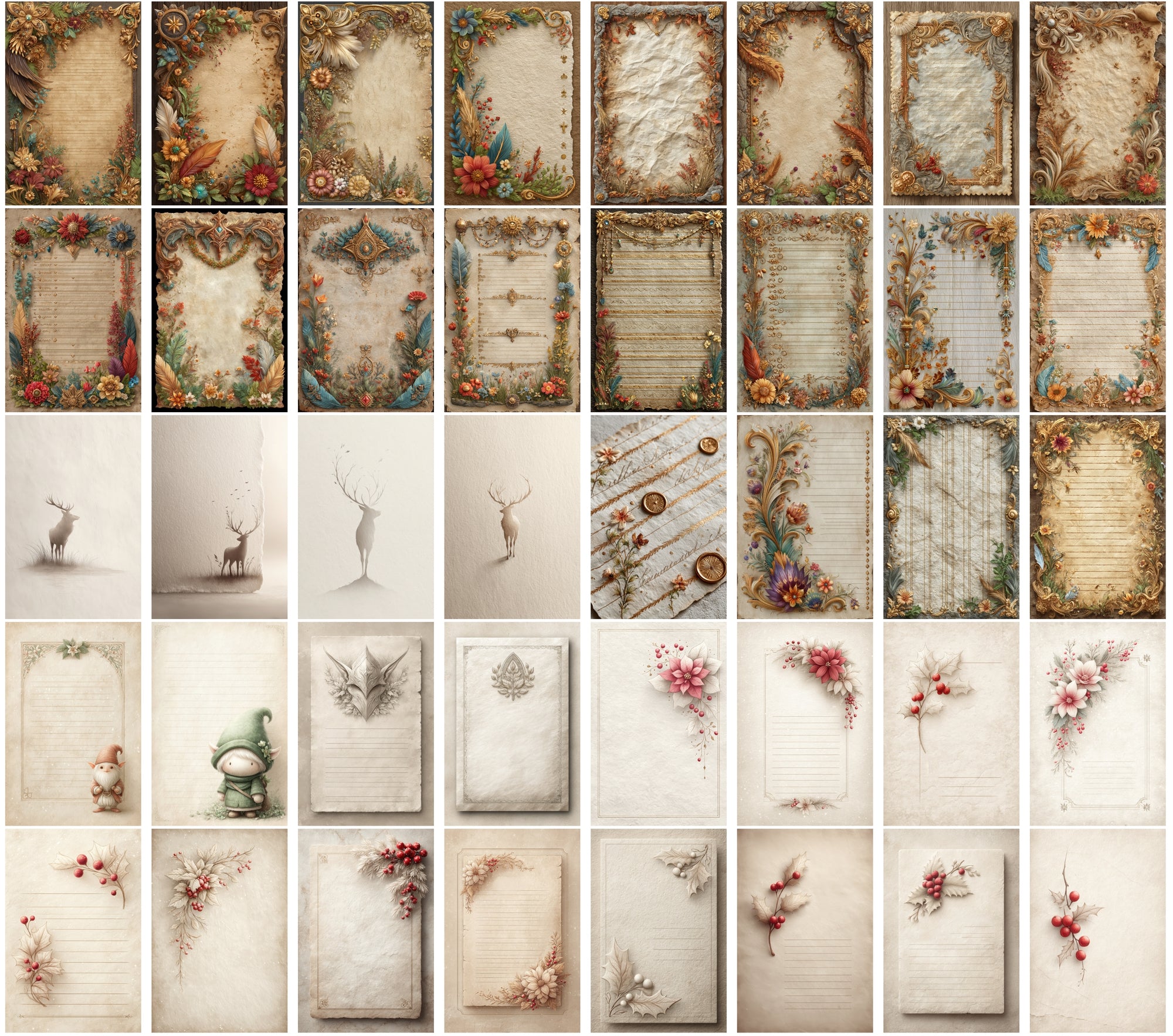 590 Vintage Christmas Parchment Pages | Lined Stationery, Antique Paper, JPG, Commercial Use