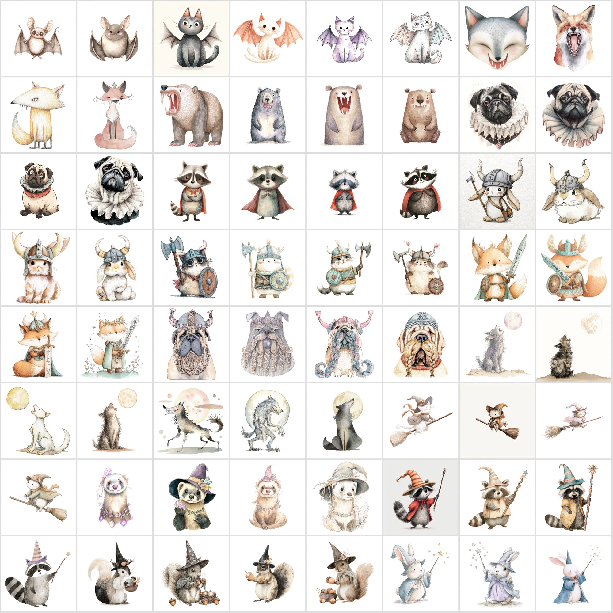 600 Cute Halloween Animal Clipart, Whimsical Spooky Critters Bundle, Watercolor Graphics, Commercial Use JPG, Digital Download