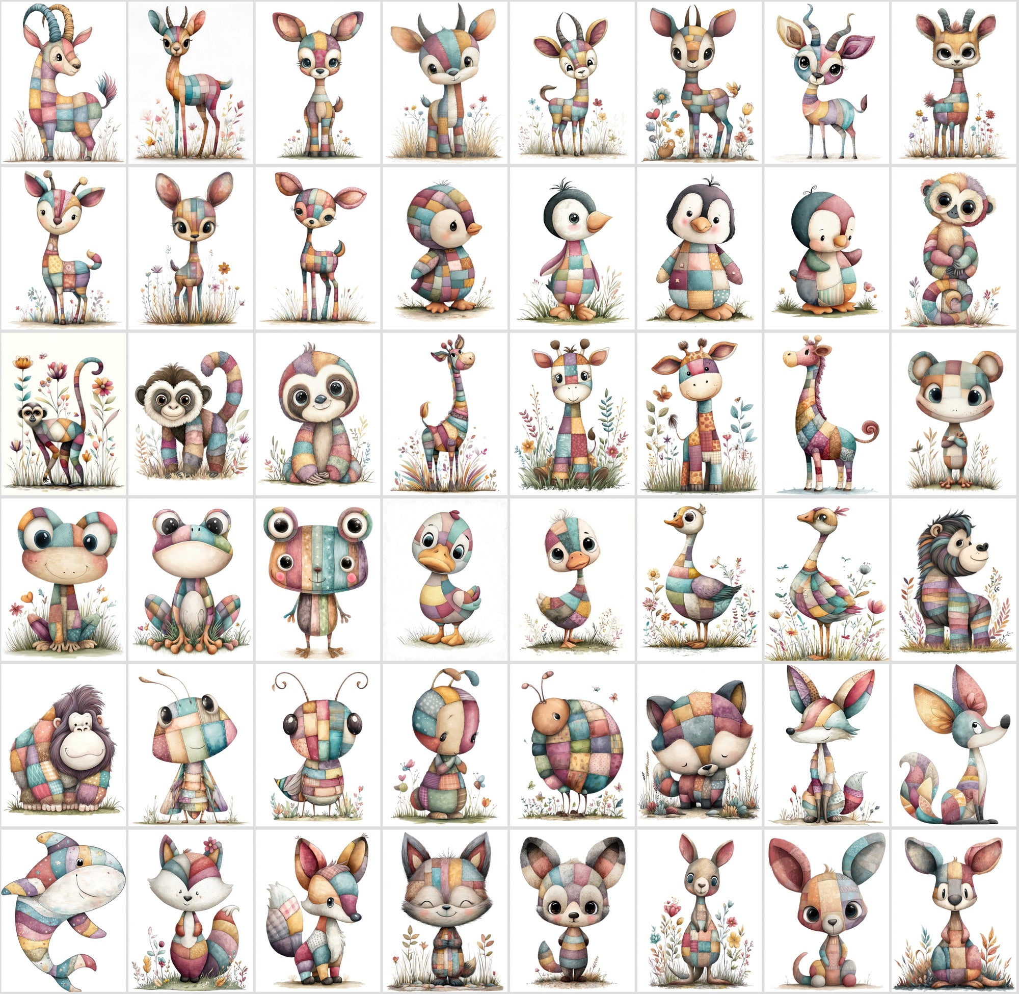 1090 Patchwork Animal Clipart Bundle – Cute Kids Book Style Animals