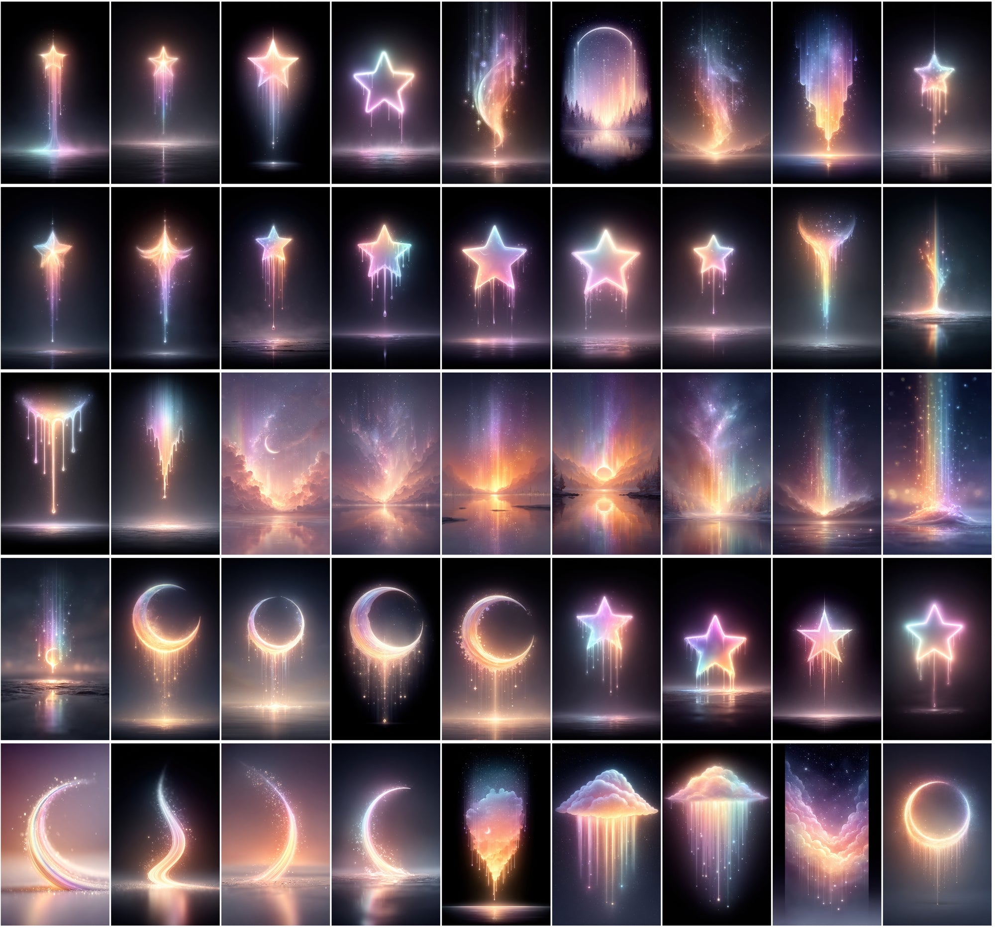 620 Glowing Rainbow Neon Images | Luminous Cosmic Art | Sparkling Dripping Stars, Moons, Clouds & Hearts