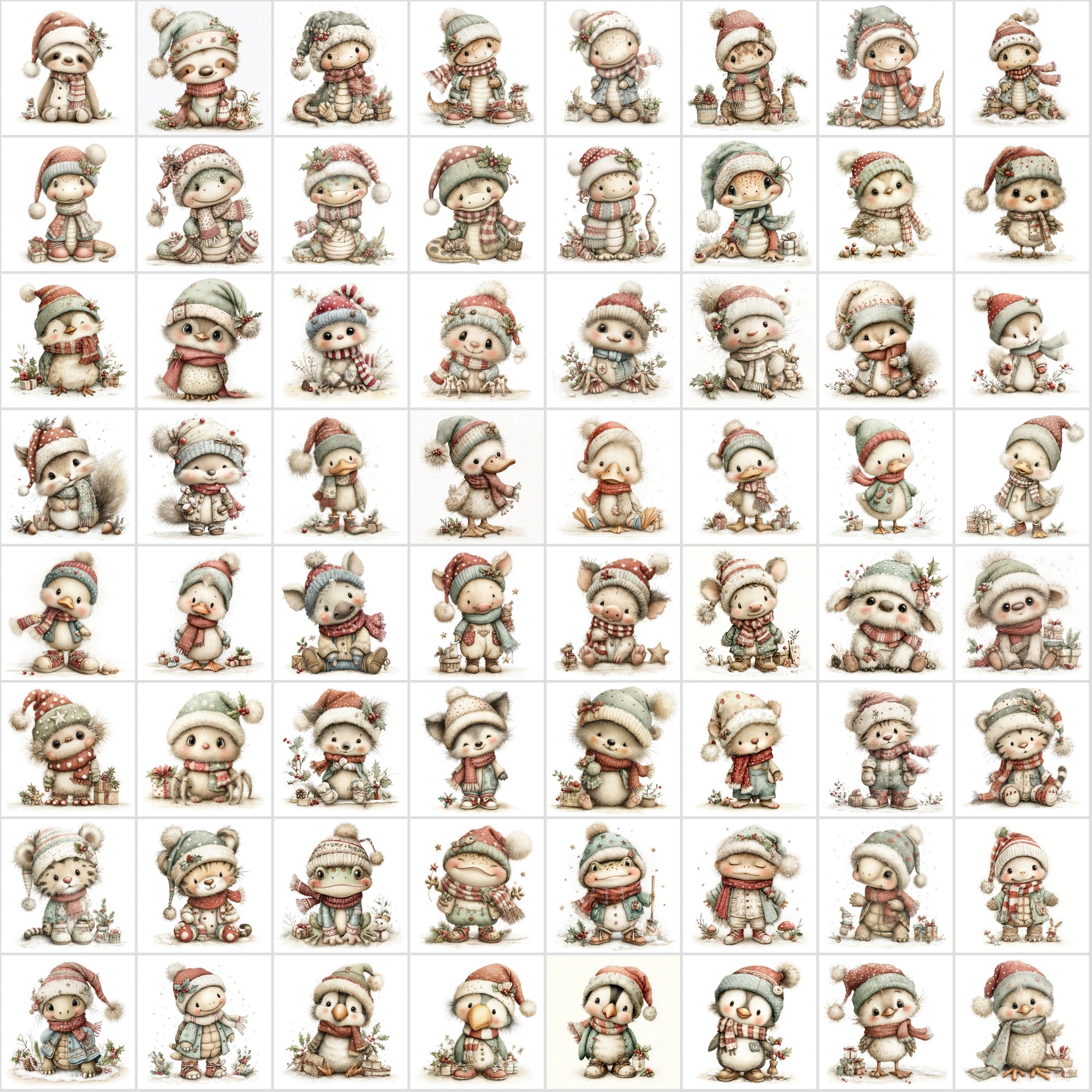 630 Baby Christmas Animal Clipart – Cute Winter Wildlife with Santa Hats & Scarves, Holiday Baby Animals, High-Resolution JPGs