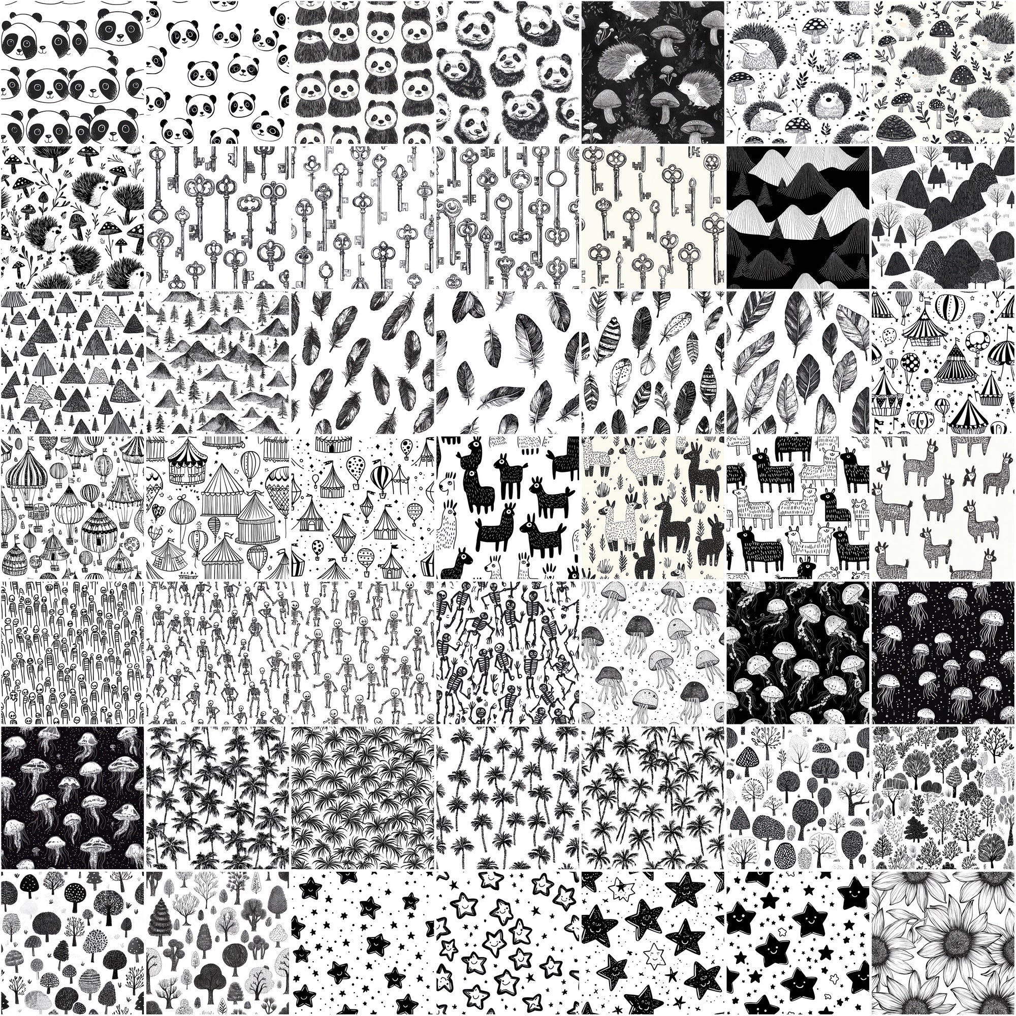 555 Black & White Seamless Patterns | Hand-Drawn Doodles, Geometric & Cute Designs