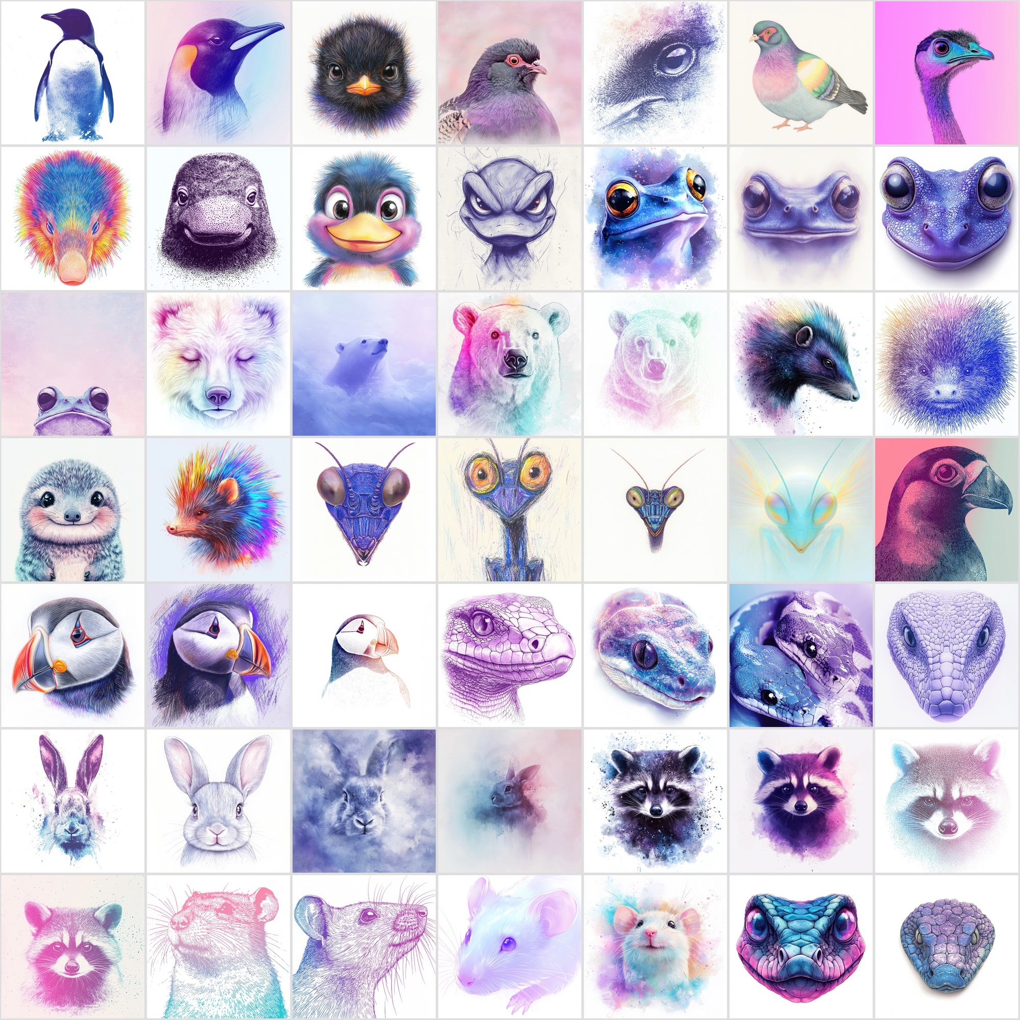 560 Dreamy Animal Face Illustrations Bundle | Charcoal Art with Pastel Backgrounds