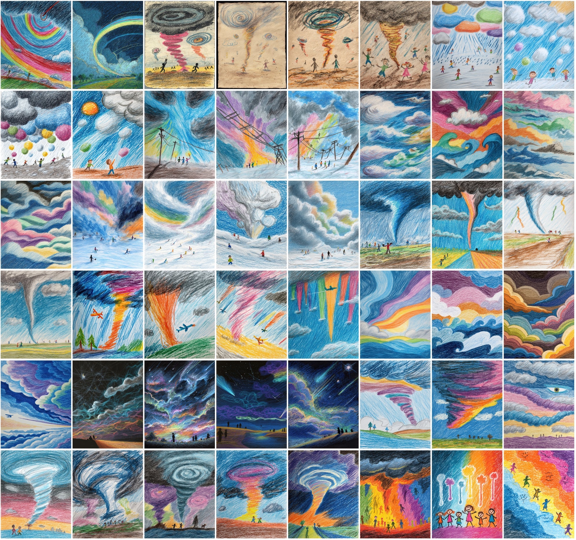 560 Kids Crayon Drawing Illustrations – Whimsical Weather-Themed JPG Art with Commercial License