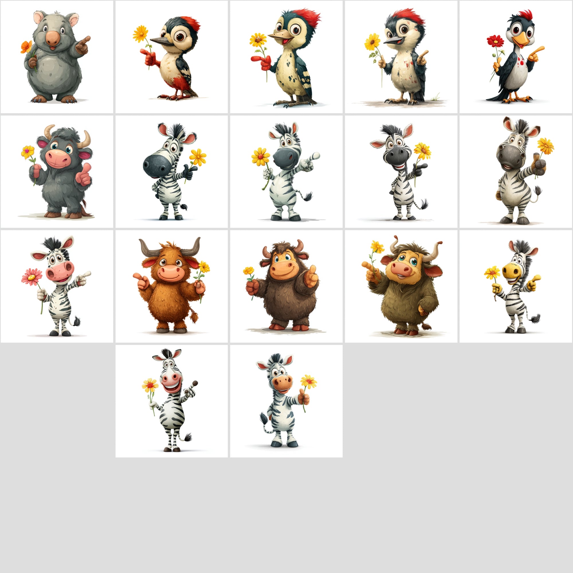 590 Cute Animals Holding Flowers | Cartoon Animal Clipart