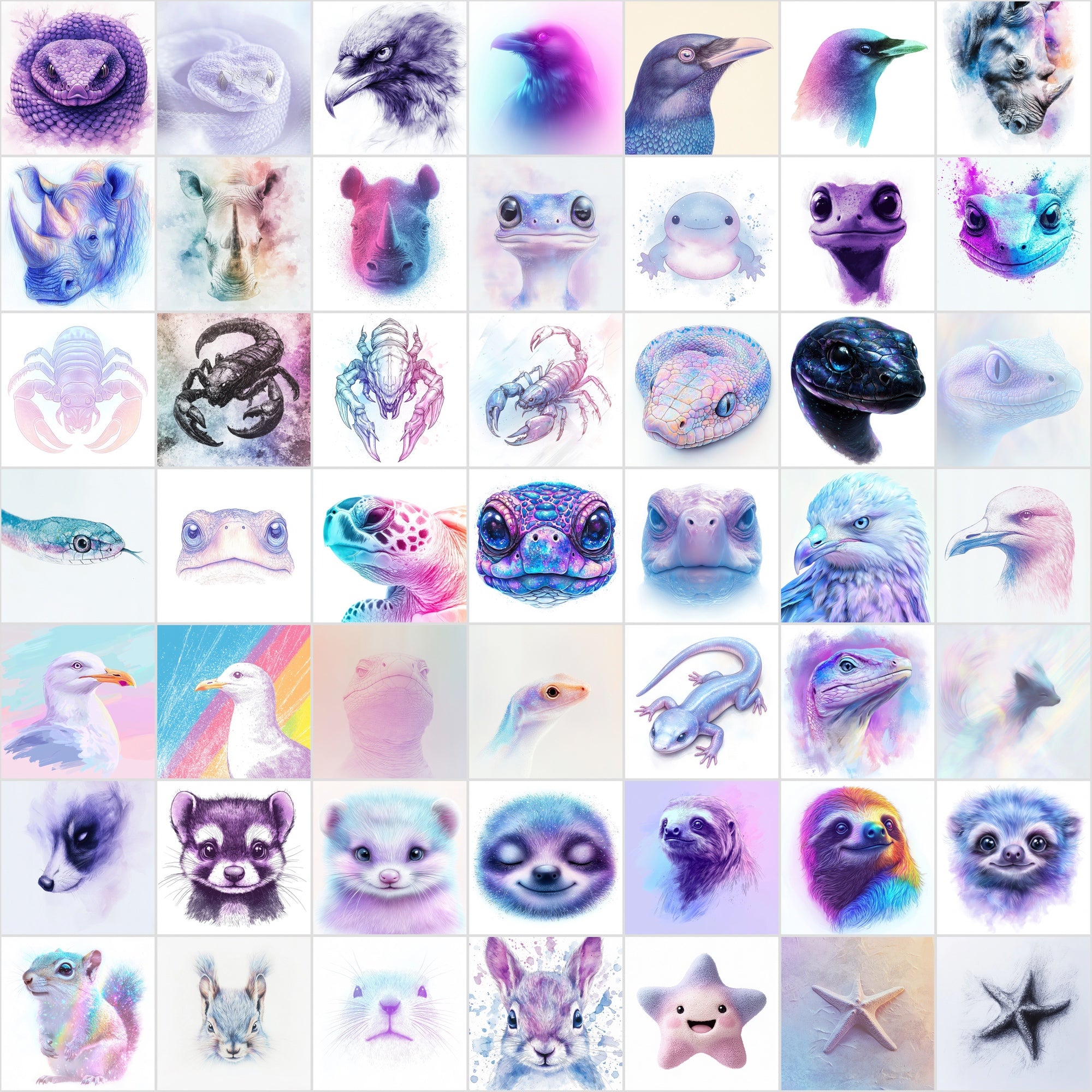 560 Dreamy Animal Face Illustrations Bundle | Charcoal Art with Pastel Backgrounds