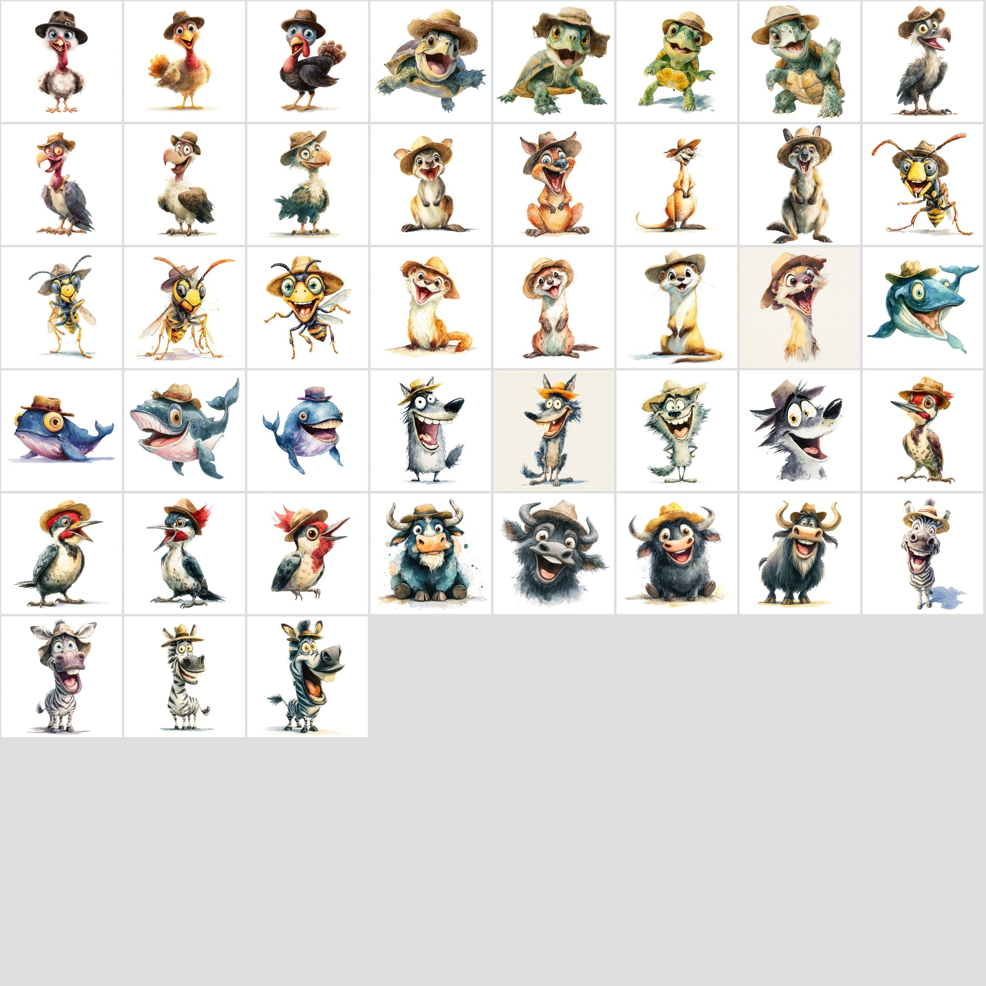 610 Funny Animals with Hats – Cartoon Watercolor Animal Clipart Bundle