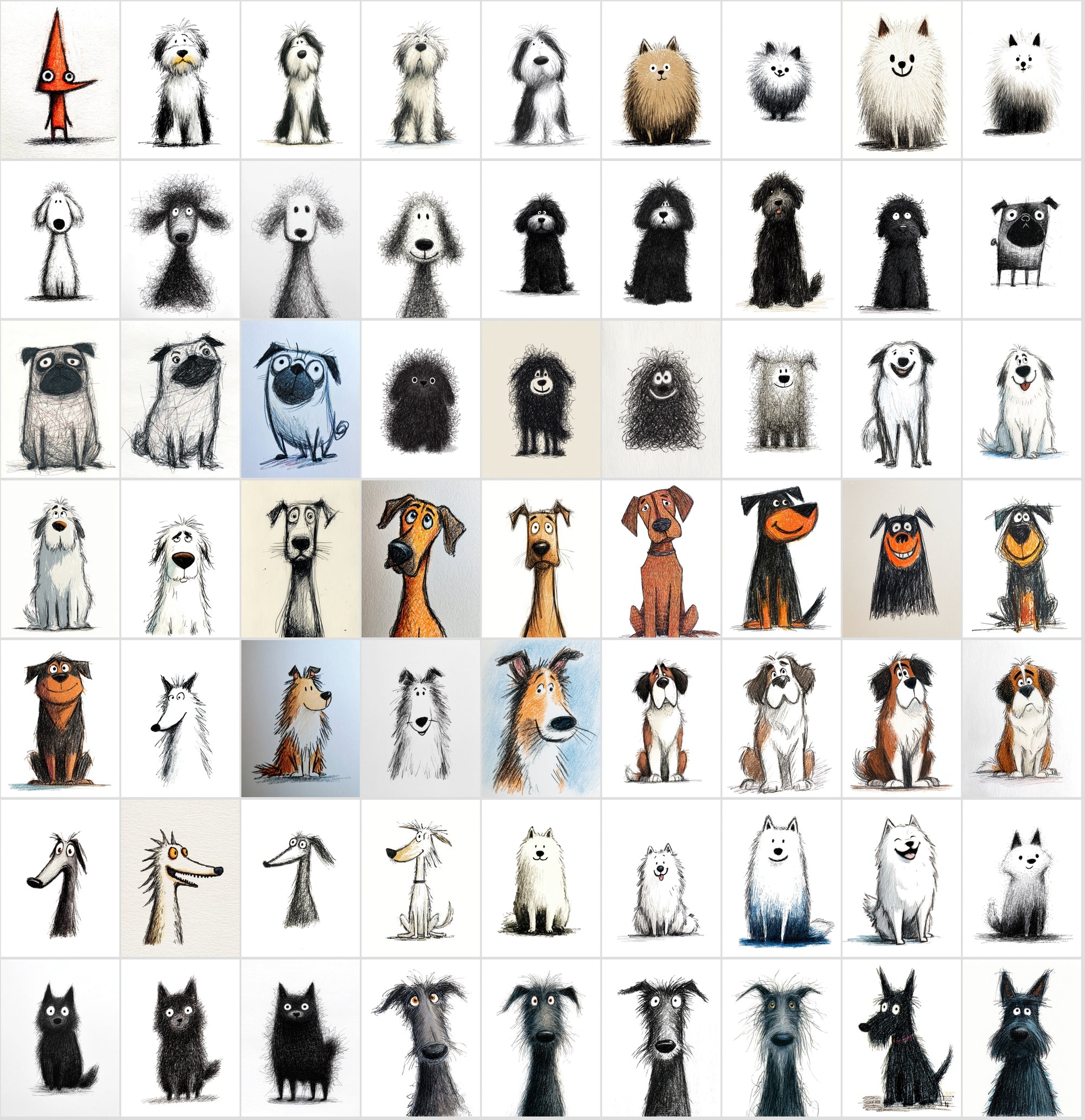 740 Dog Breed Doodle Illustrations – Quirky Sketch Clipart Bundle, Commercial License